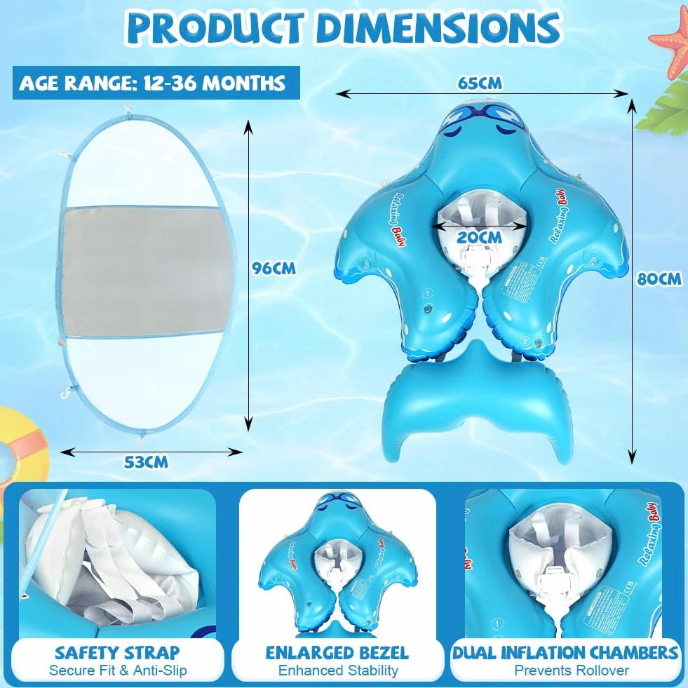 Aolso Salvagente Neonato con Parasole, Salvagente Neonato, Ciambella Neonatos Mare, Salvagent per Bambini Adatto per Bagno, Piscina, Mare, Salvagentes Galleggiante da 12 a 36 mesi