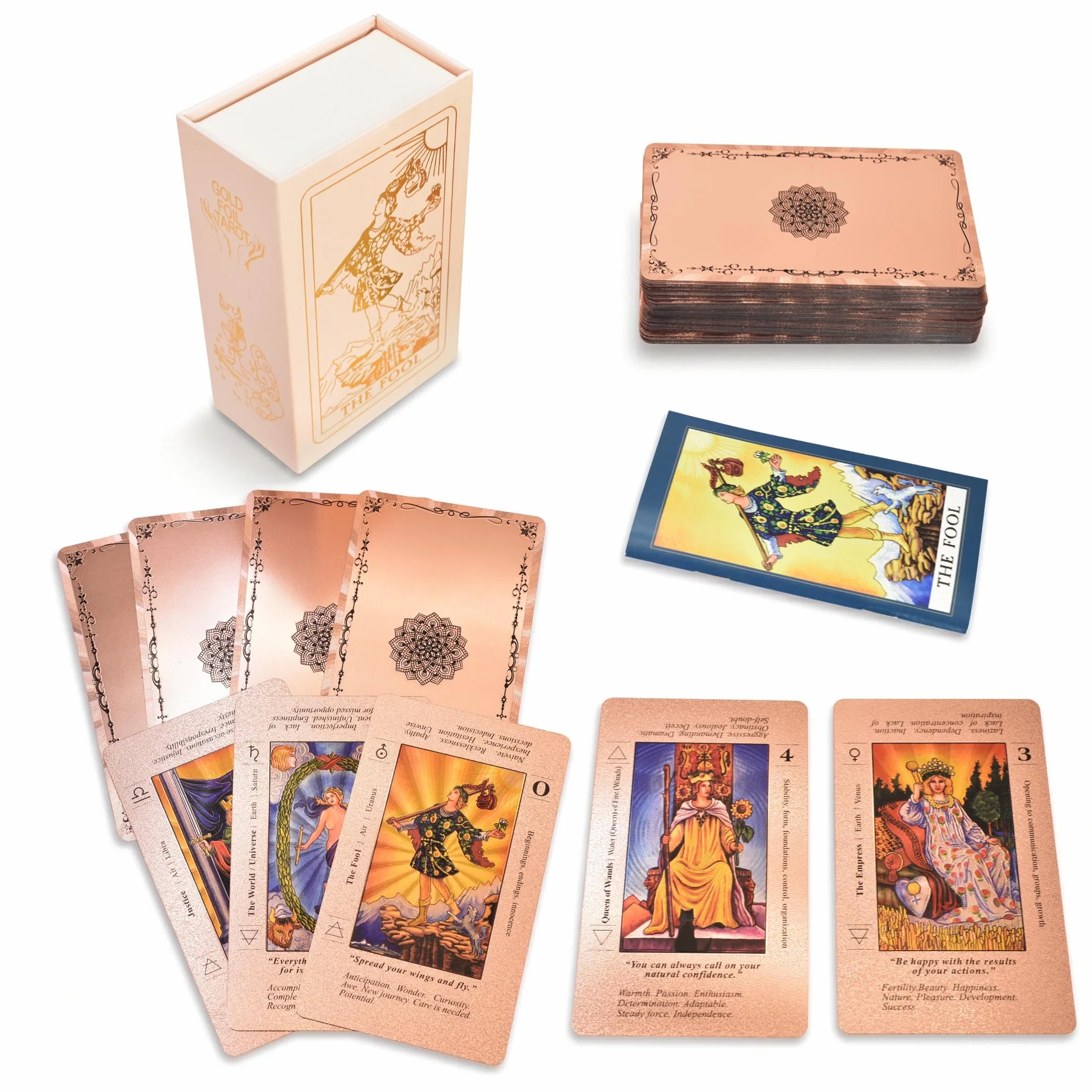 Tarocchi in Lamina Oro Rosa 78 Carte con Guida Inglese da 36 Pagine, Mazzo Waite in PVC Impermeabile e Antipiega per Principianti, Nasturzio