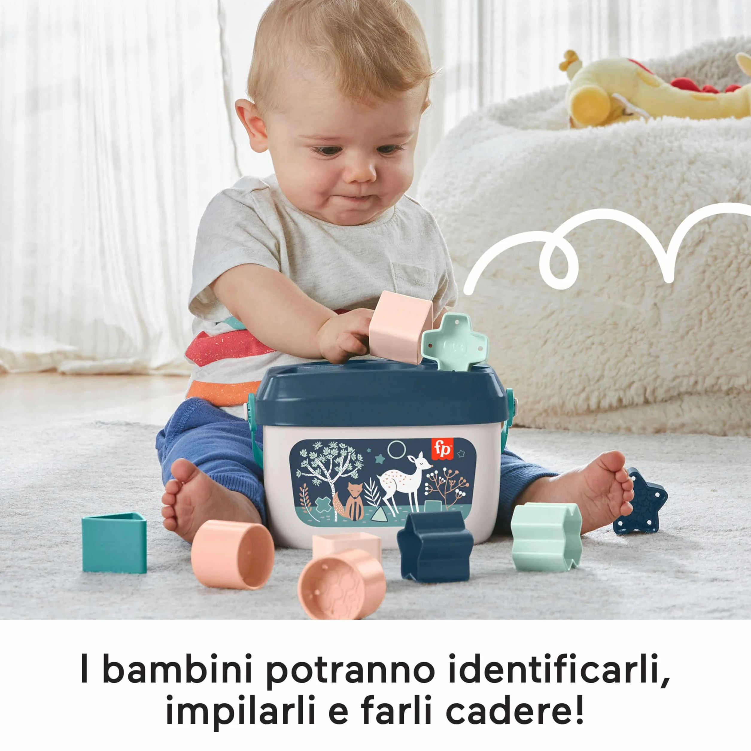 Fisher-Price - Blocchi Assortiti Cerbiatto Blu, Set di 10 Blocchi da Impilare e Identificare per Neonati dai 6 Mesi in su, Giocattolo per Bambini 6+ Mesi, HJP20 [Esclusivo Amazon]