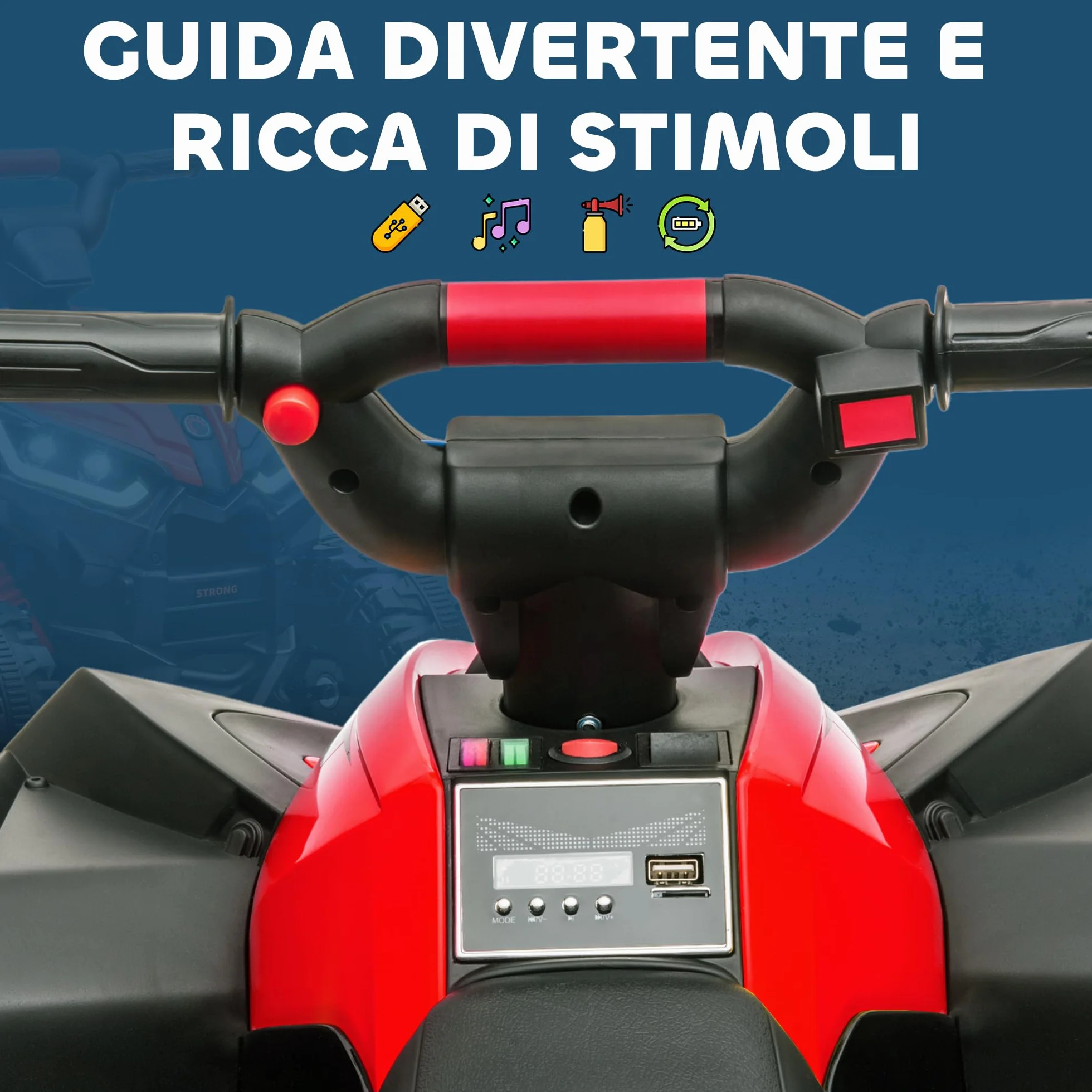 HOMCOM Quad Elettrico per Bambini 12V ATV, Macchina Elettrica con Doppio Motore e 2 Velocità, Ruote Larghe con Fari LED, Clacson e Musica, Età 3-5 Anni, Rosso