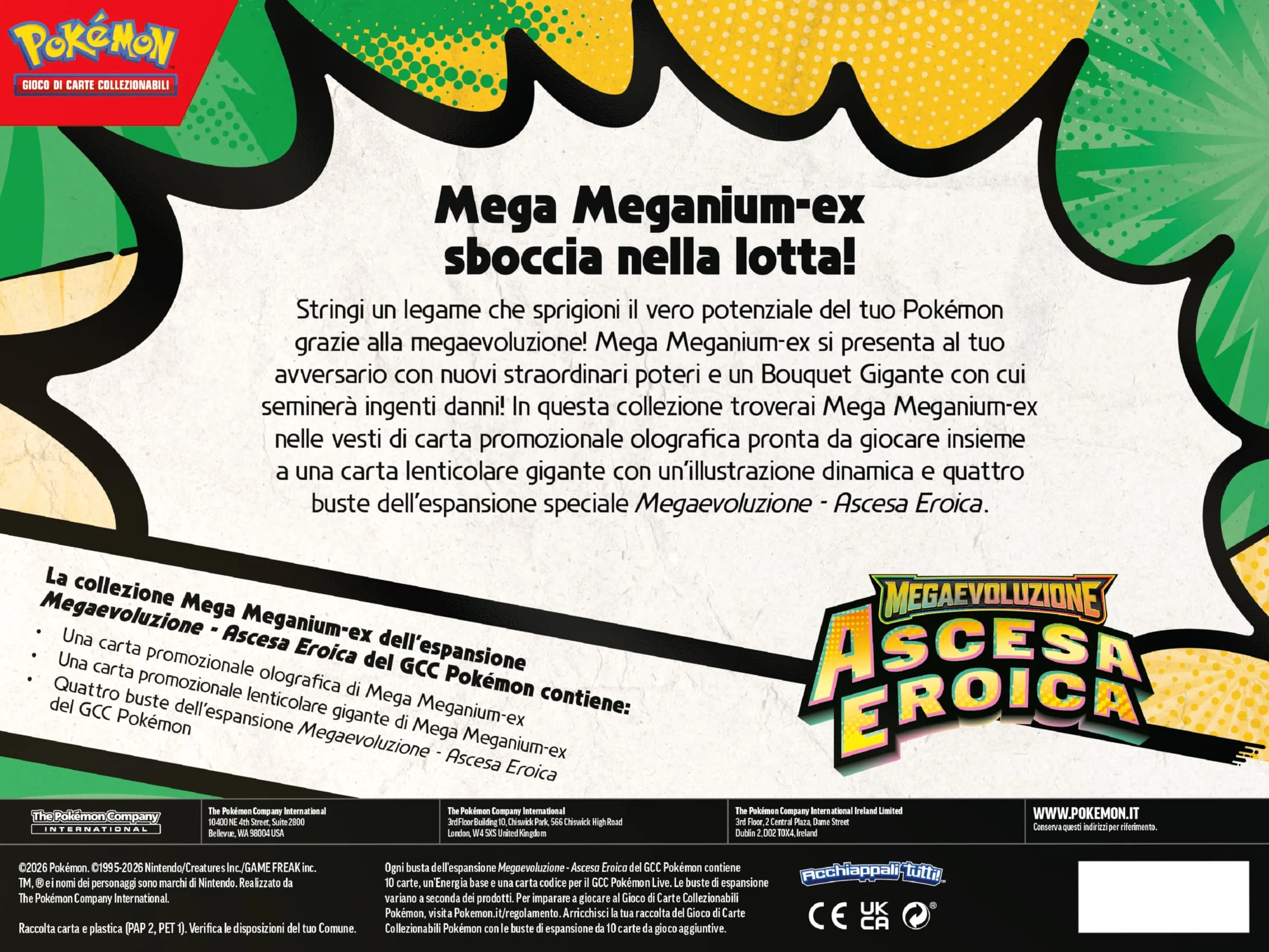 Pokémon: collezione Mega Meganium-ex dell’espansione Megaevoluzione - Ascesa Eroica del GCC Pokémon (una carta promozionale olografica, una carta lenticolare gigante e quattro buste di espansione)