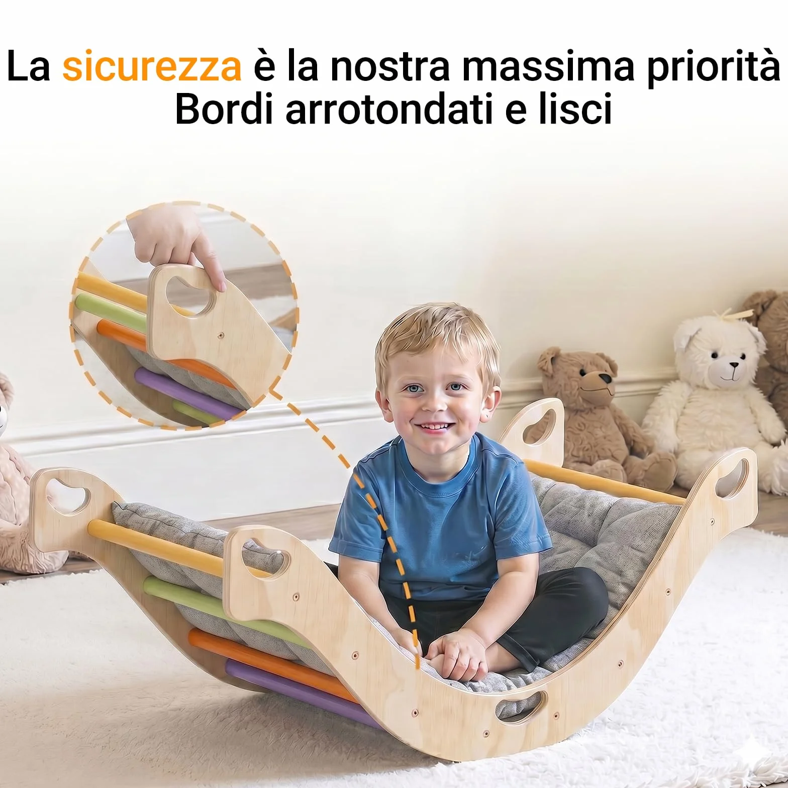 COSYLAND Arco Montessoriano per Bambini in Legno Naturale, Arco Montessori con Cuscino e 8 Maniglie, 4 in 1 Wippe, Scrivania, Giocattolo Educativo per Equilibrio e Motricità (Arcobaleno Classico)