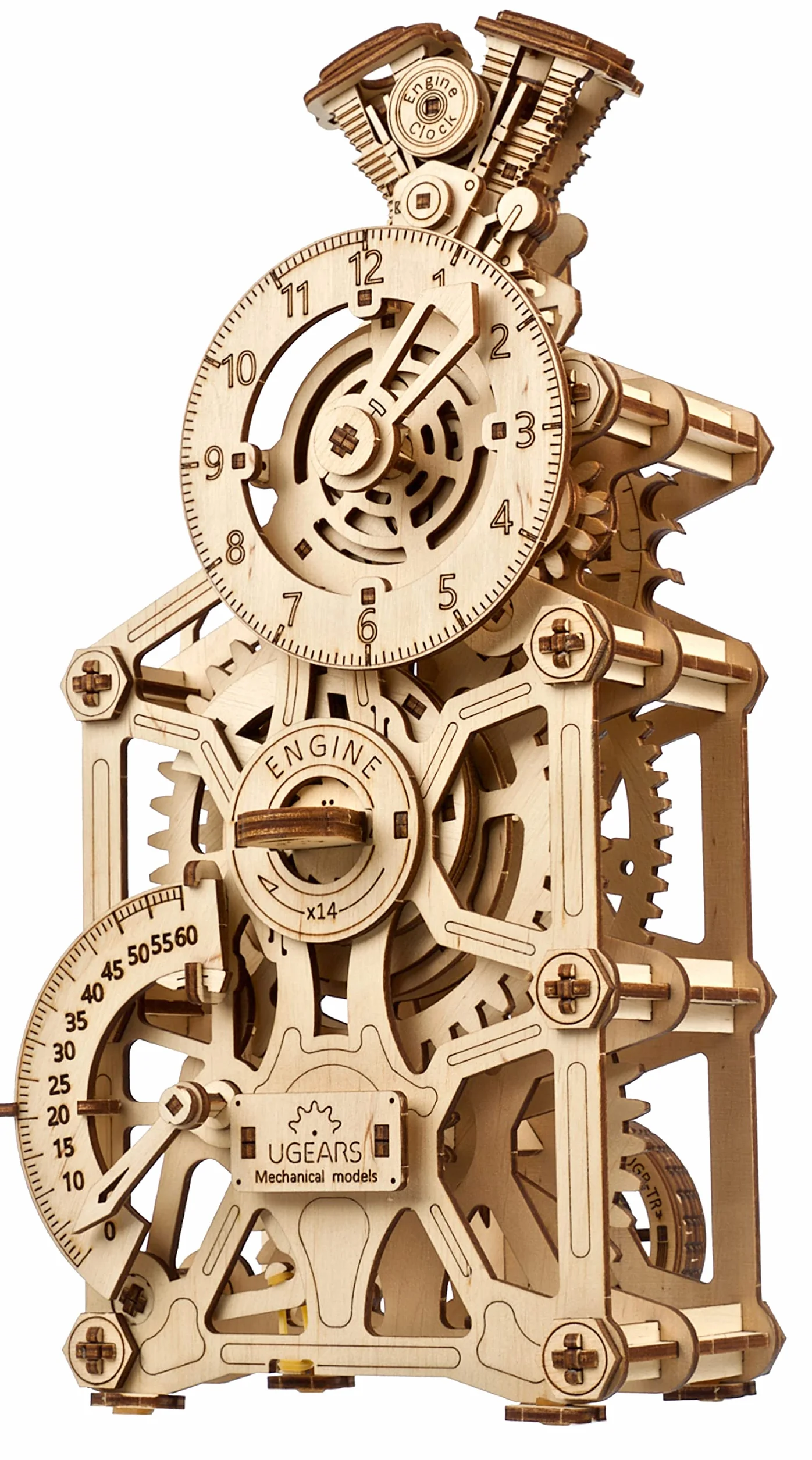 UGEARS Orologio a motore 3D puzzle in legno per adulti – meccanico 3D puzzle orologio in legno – kit di modellismo con pistone mobile – kit di montaggio auto modelli in legno ideale per fan del