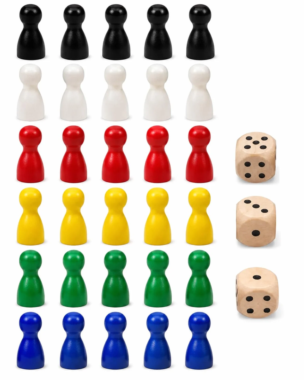 Pedine Sagomate in Legno, 30 Pezzi Multicolori (6 Colori) + 3 Dadi, Set Universale per Giochi da Tavolo, Ricambi e Progetti DIY Creativi
