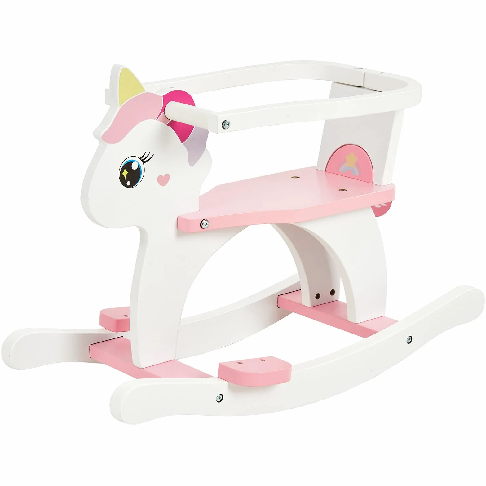 FUNLIO Cavallo a dondolo in legno Unicorno 0,5-3 anni, con recinzione e schienale rimovibili, cavallo a dondolo per bambini facile da assemblare, certificato CPC – Rosa