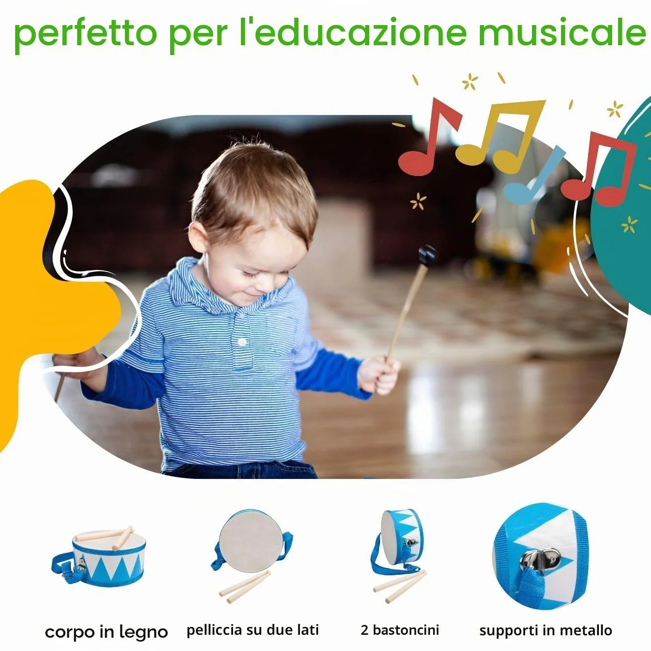 Tamburo per bambini blu bianco strumento musicale in legno con tracolla e bastoncini D: 20 cm - 3845