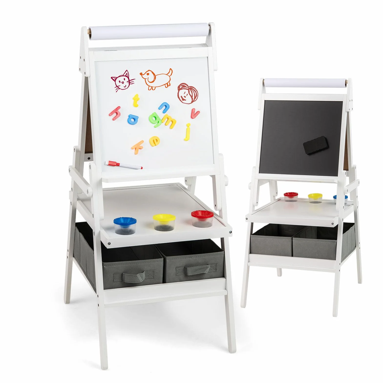 RELAX4LIFE Cavalletto per Bambini, Cavalletto a Doppia Faccia con Rullo di Carta, Vassoi di Stoccaggio, 4 Tazze per Pittura e 2 Cassetti, Cavalletto Disegno in Legno per Bambini 3-10 Anni