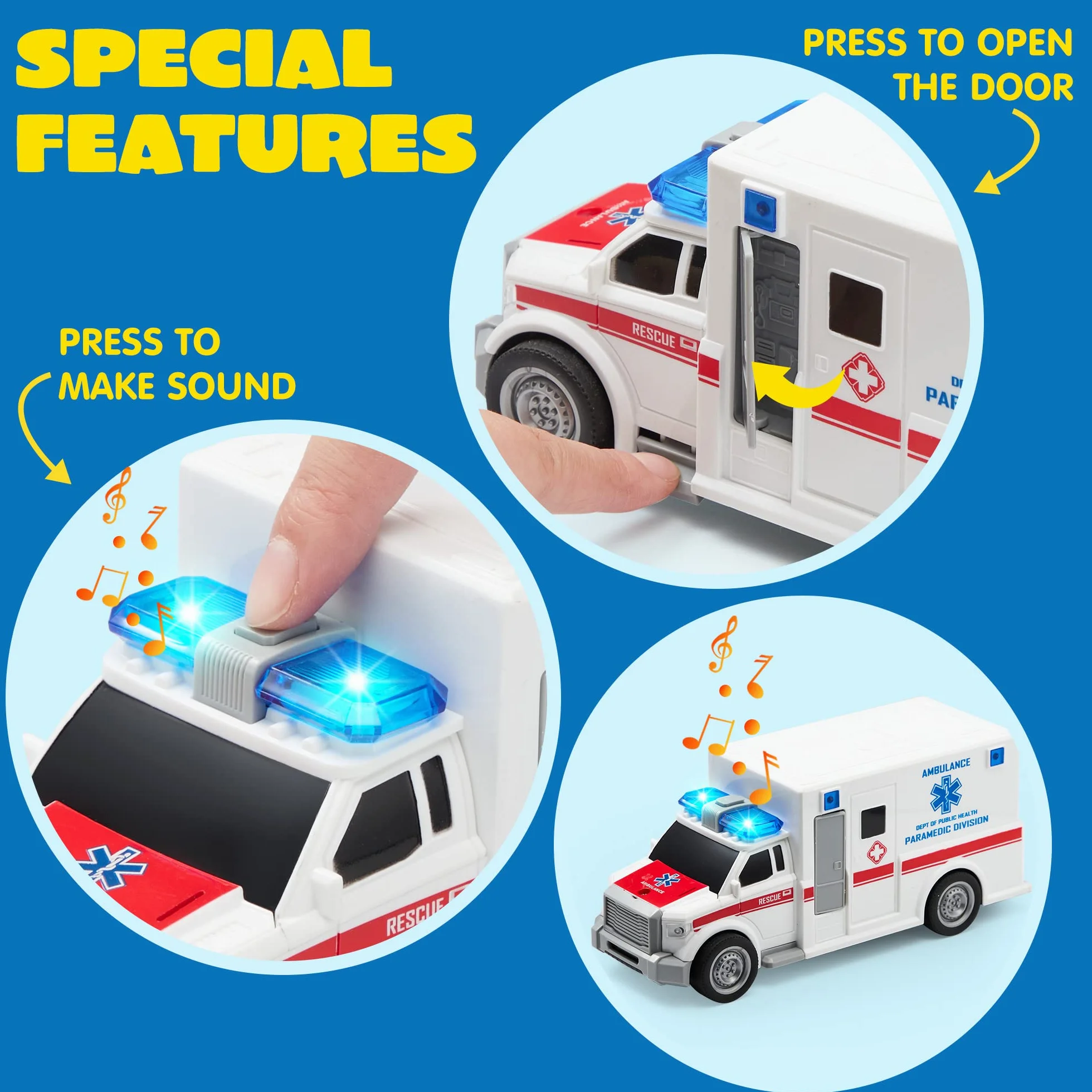 JOYIN Set di 4 set di gioco City Hero alimentati da Attrito, comprendente un camion dei pompieri, un'ambulanza, un'auto della polizia e un elicottero di soccorso