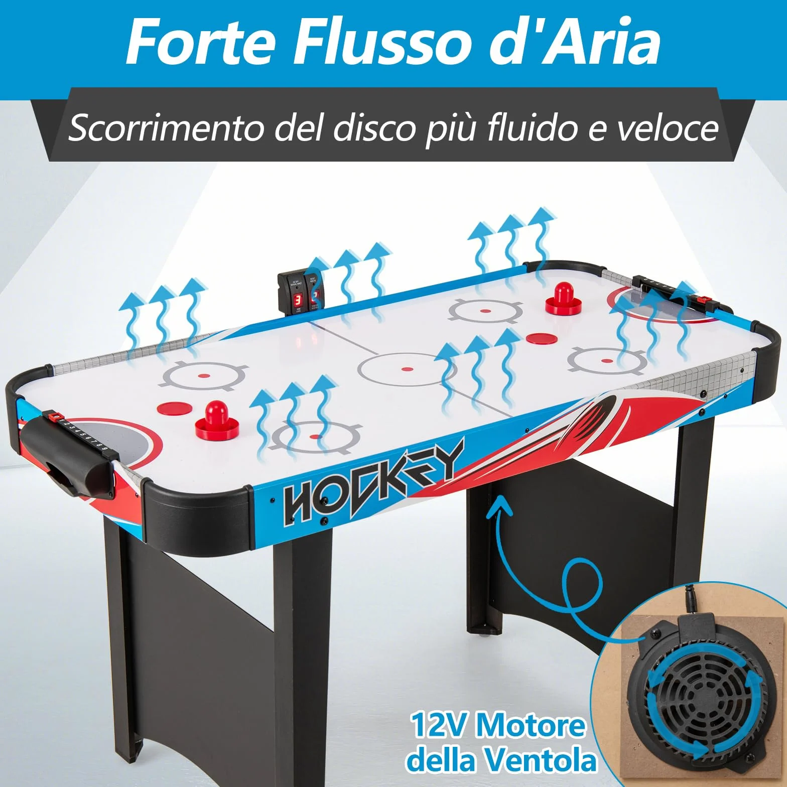 COSTWAY Tavolo da Air Hockey, con Tabellone Segnapunti LED e Motore 12V, Tavolo da Hockey ad Aria con 2 Dischi e 2 Spintori, 122 x 61 x 76 cm