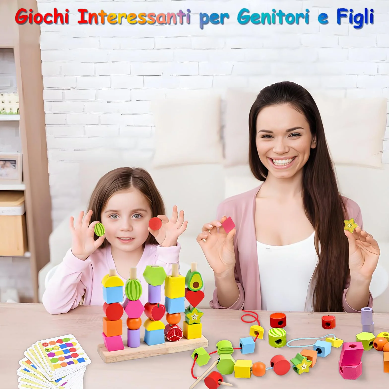 Echehi 2 in 1 Giocattoli Montessori da Infilare per Bambini, Perline da Infilare, Forme da Abbinare, Sviluppo delle Capacità Motorie Fini, Blocchi in Legno da Impilare