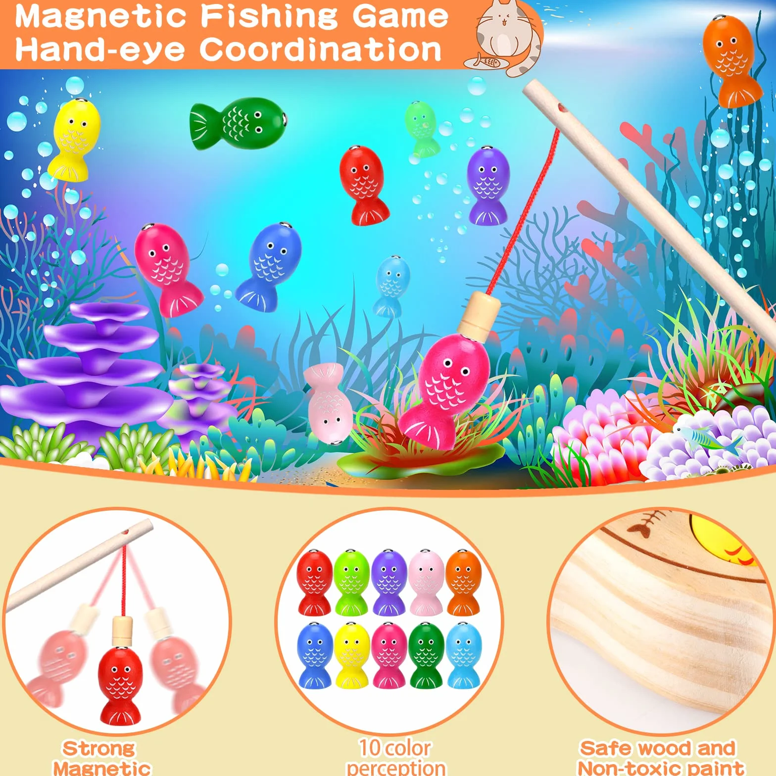 FAMKEEP Gioco di pesca magnetico in legno Montessori giocattolo educativo 3 anni