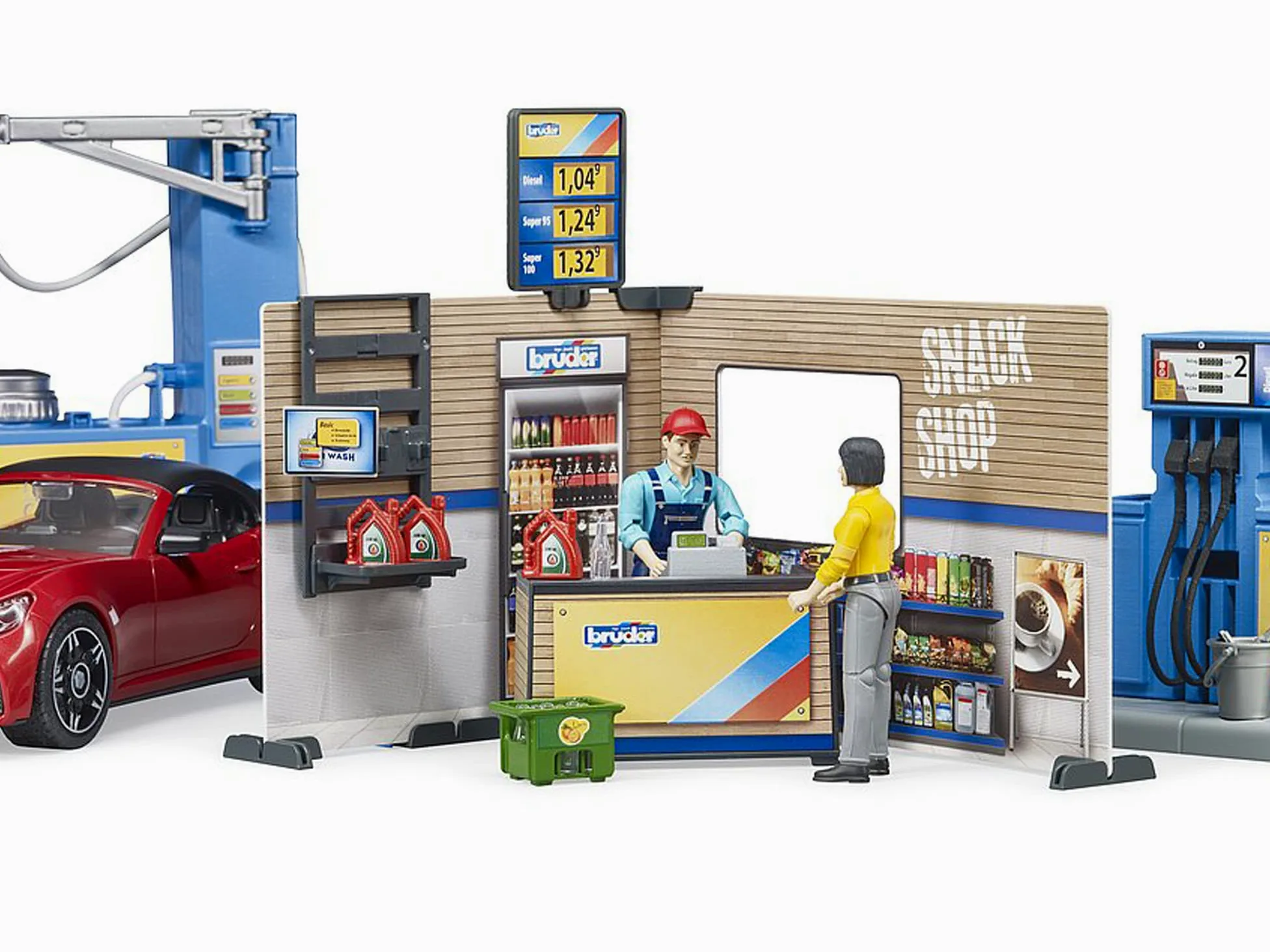 bruder 62111 - stazione di servizio bworld con pompa di benzina, stazione di ricarica per e-car, roadster, conducente, area di lavaggio, addetto alla stazione di servizio