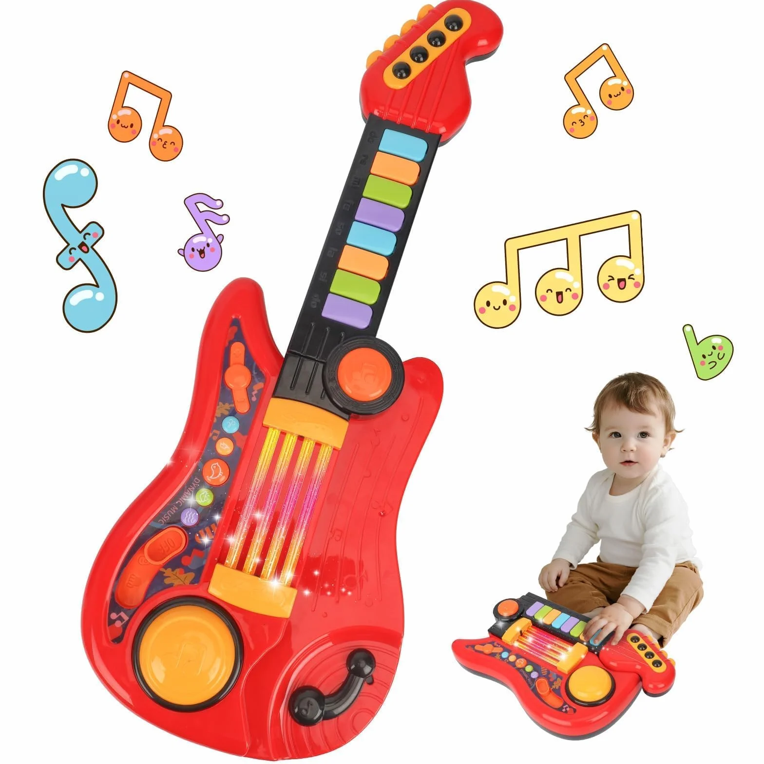Chitarra Giocattolo 2-in-1 Strumento Musicale Elettrico per Bambini 3-5 Anni (Rosso)