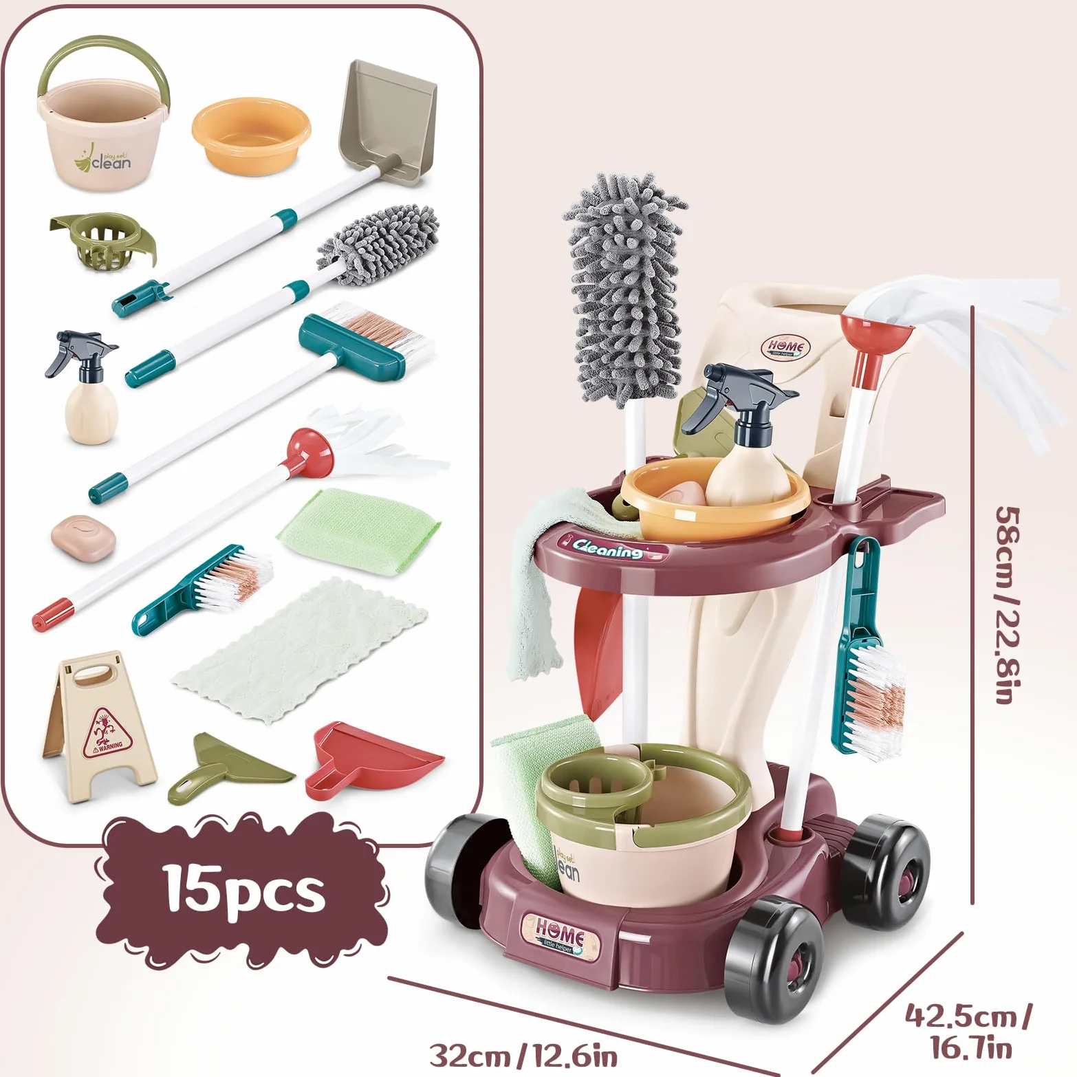 deAO Kit di Pulizia per Bambini, Carrello di Pulizia Staccabile con Scopa, Paletta, Spruzzatore, Giocattoli per Bambini, Gioco di Ruolo, Regalo 3 Anni+