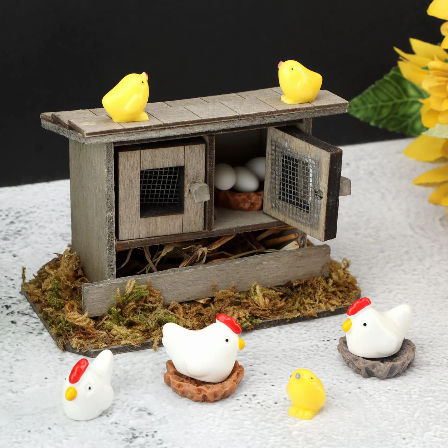 Set di pollai in miniatura, 13 pezzi, in legno, con galline, pulcini, uova e nidi, decorazione per giardini fatati, mini paesaggi fai da te e decorazioni per la casa