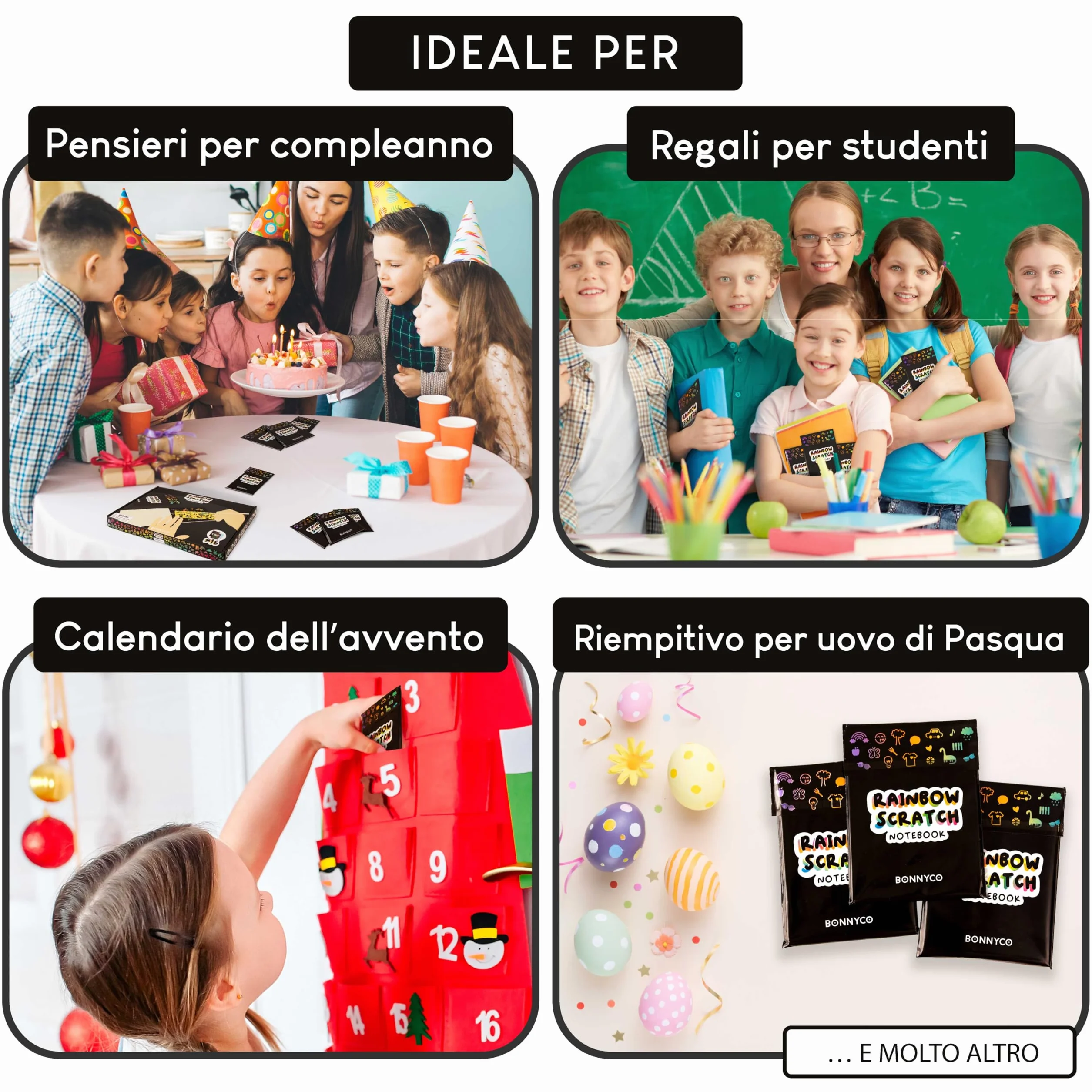 BONNYCO Scratch Art Bambini, 16 Set con Quaderno da Grattare, Stencil e Penna in Legno