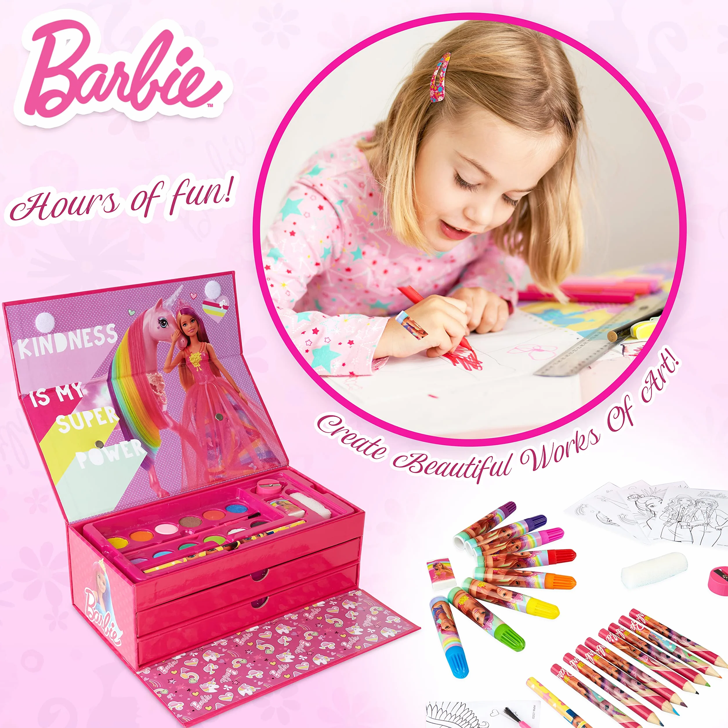Barbie Valigetta Colori da 44 pezzi Kit Disegno e Pittura con Pennarelli Acquerelli Colori a Cera Matite Colorate
