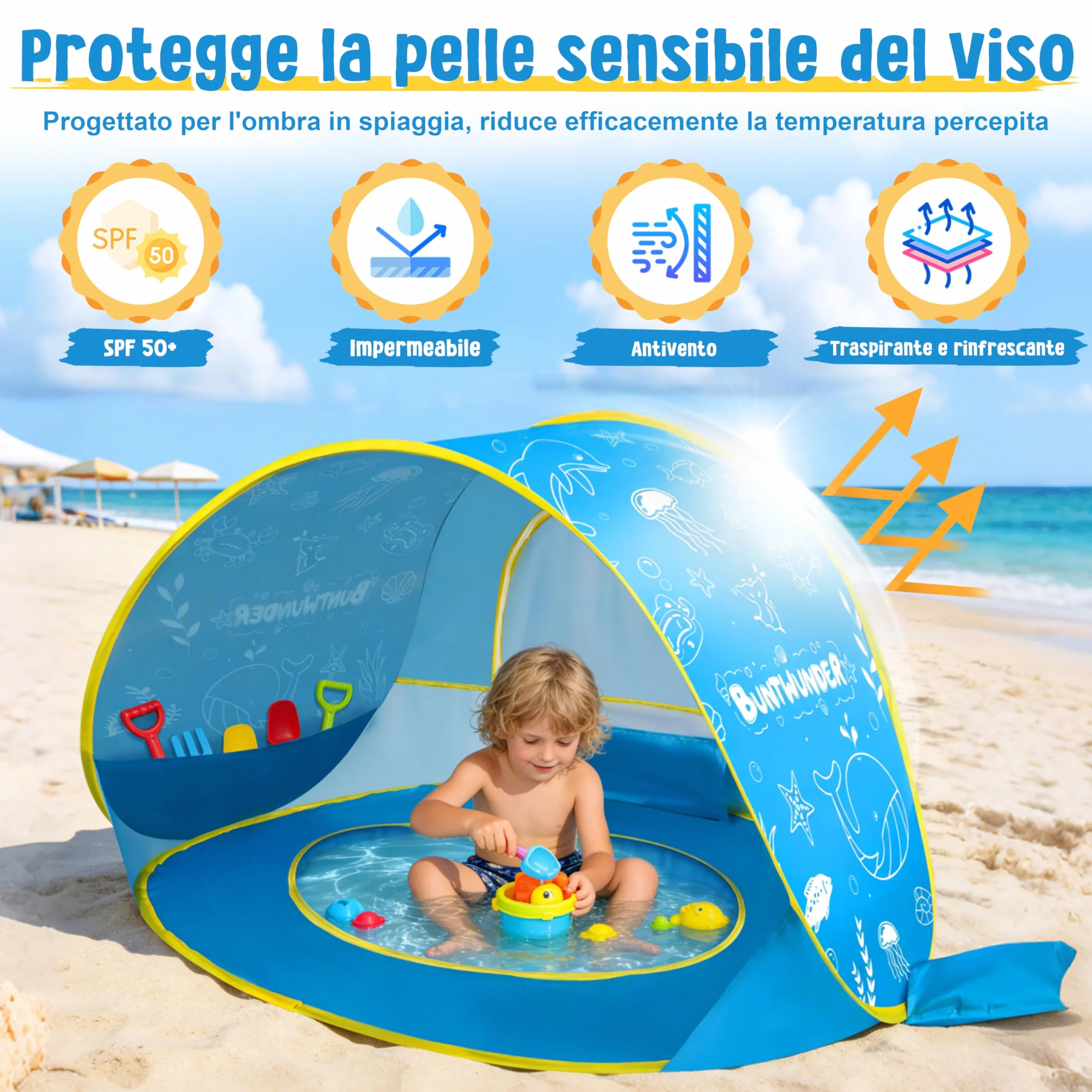 JONRRYIN Tenda da Spiaggia Bambini Pop-Up, Tenda Spiaggia con Mini Piscina, Tenda da Spiaggia Portatile Protezione Solare UPF 50+, Ideale per Viaggio in Spiaggia Campeggio (Blu)