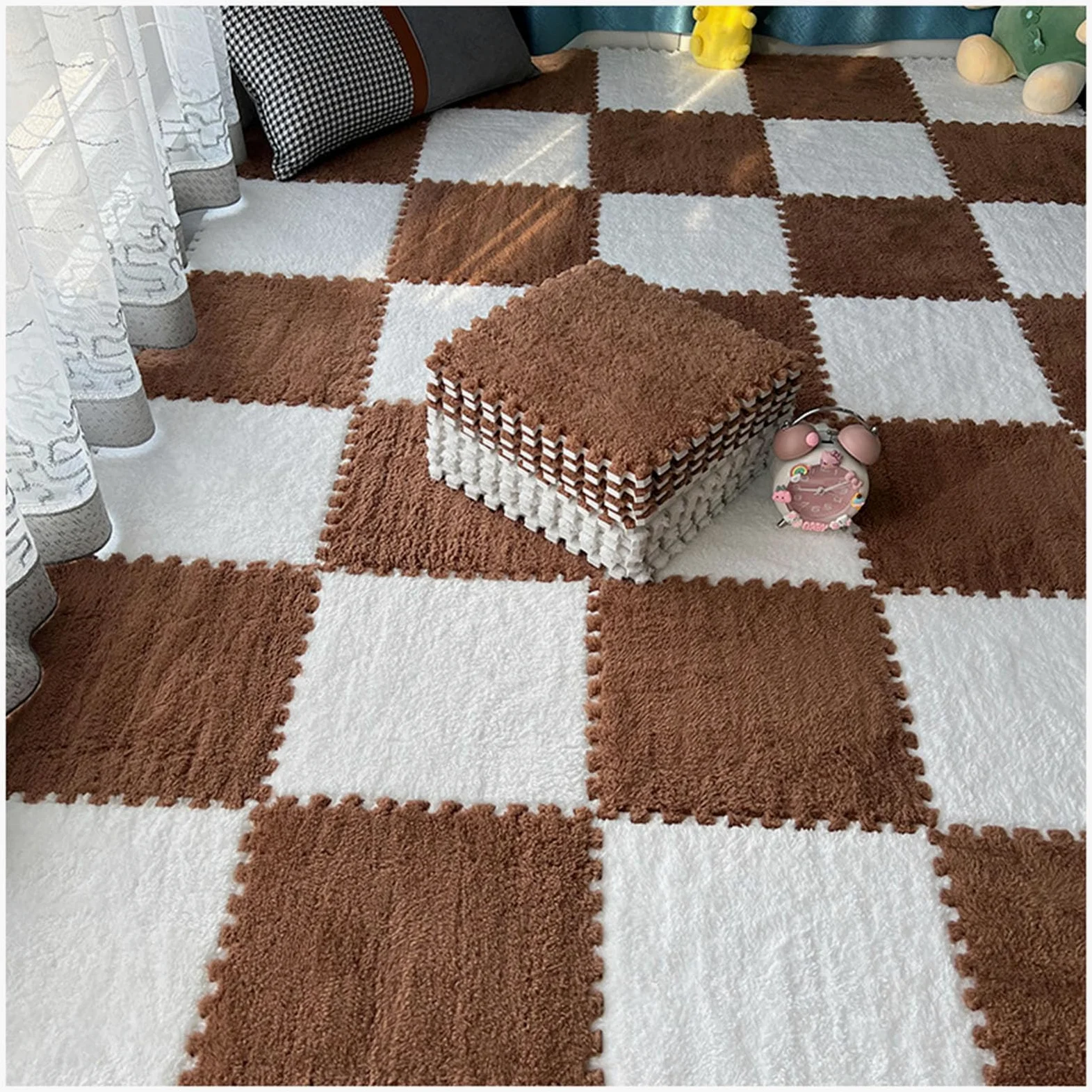 Tappeto ad Incastro Splice 16 Pezzi Piastrelle per tappeti ad Incastro, Tappeto Patchwork Antiscivolo, tappetini in Schiuma ad Incastro in Morbida Schiuma,White+brown-1cm