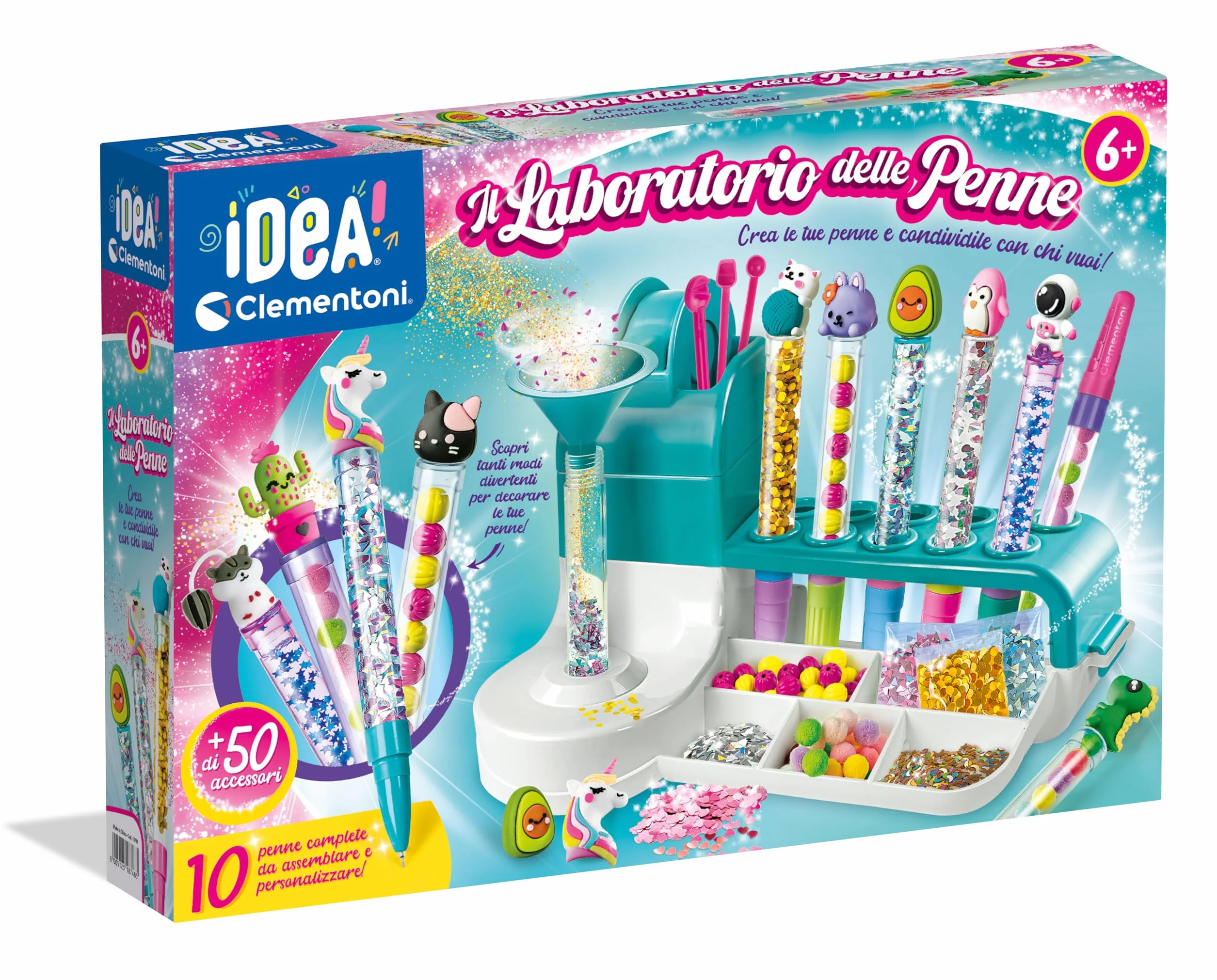 Clementoni Laboratorio delle Penne Personalizzate, Kit Creativo per Bambini 6+ Anni, 50+ Accessori