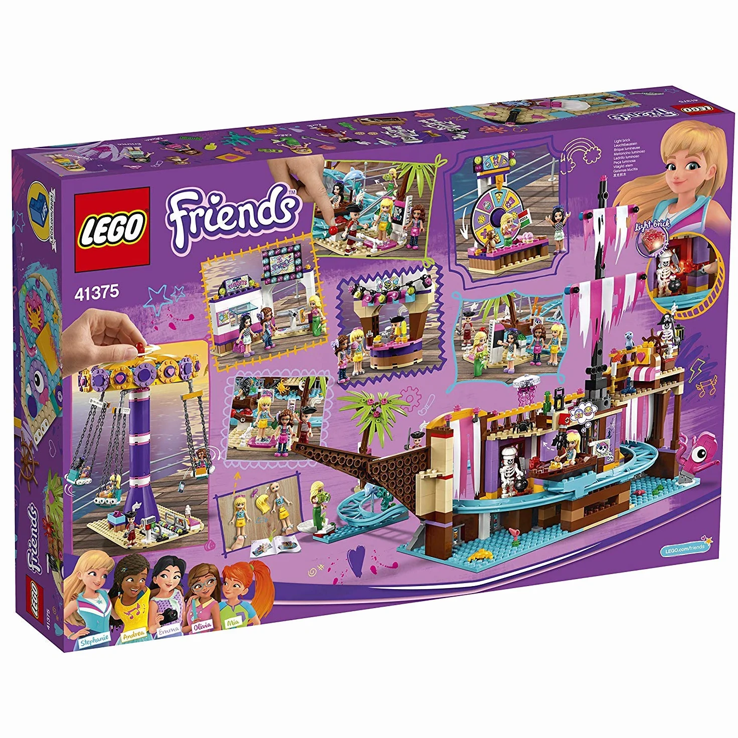 LEGO Friends Il Molo dei Divertimenti di Heartlake City, Parco dei Divertimenti con Montagne Russe su Nave Fantasma, Giostra del Luna Park e 5 Mini-doll, 41375