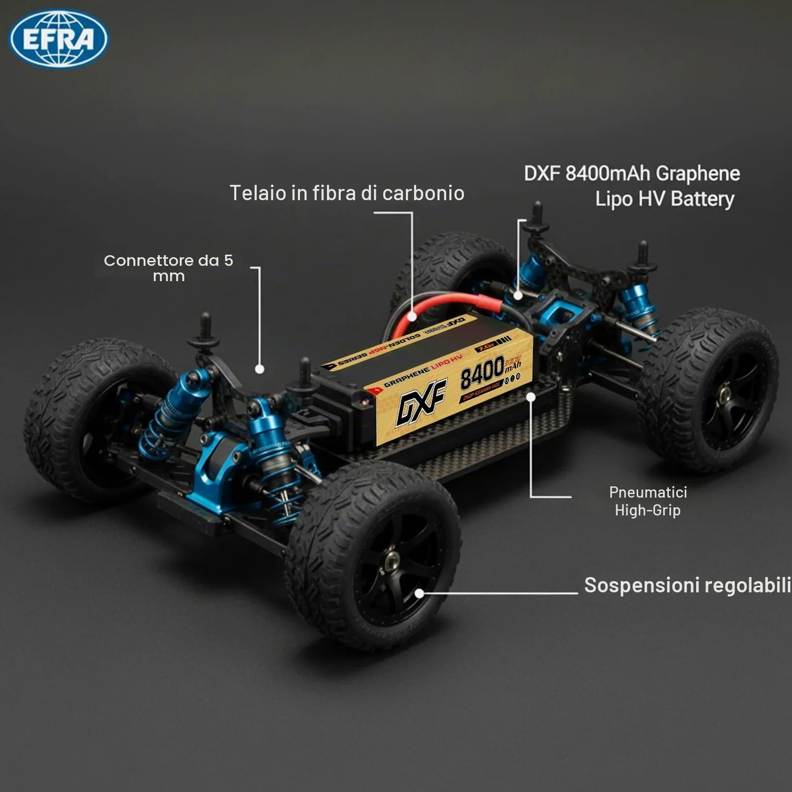 DXF Batteria LiPo 2S 7.6V 8400mAh 140C HV Spina Deans T Bullet 5mm EFRA Auto RC 1/8 1/10 Truck Buggy Touring Car Compatta Leggera Potente Gare Racing Corse Modellismo 2 Pezzi