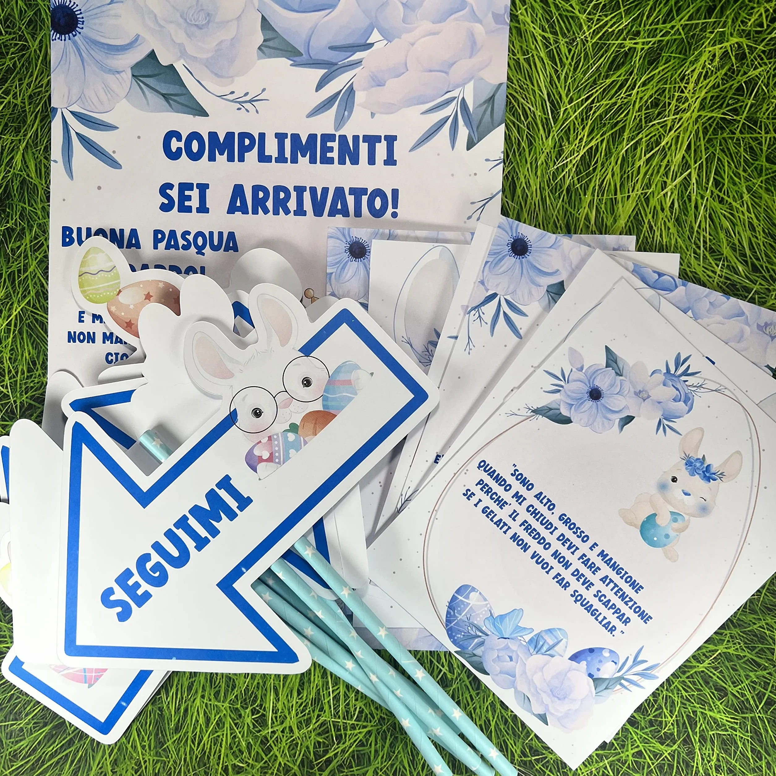 Caccia alle Uova di Pasqua – Set Completo Personalizzato per Bambini con Frecce, Indizi e Filastrocche – Stampa Grande Finale – Regalo Pasqua Divertente