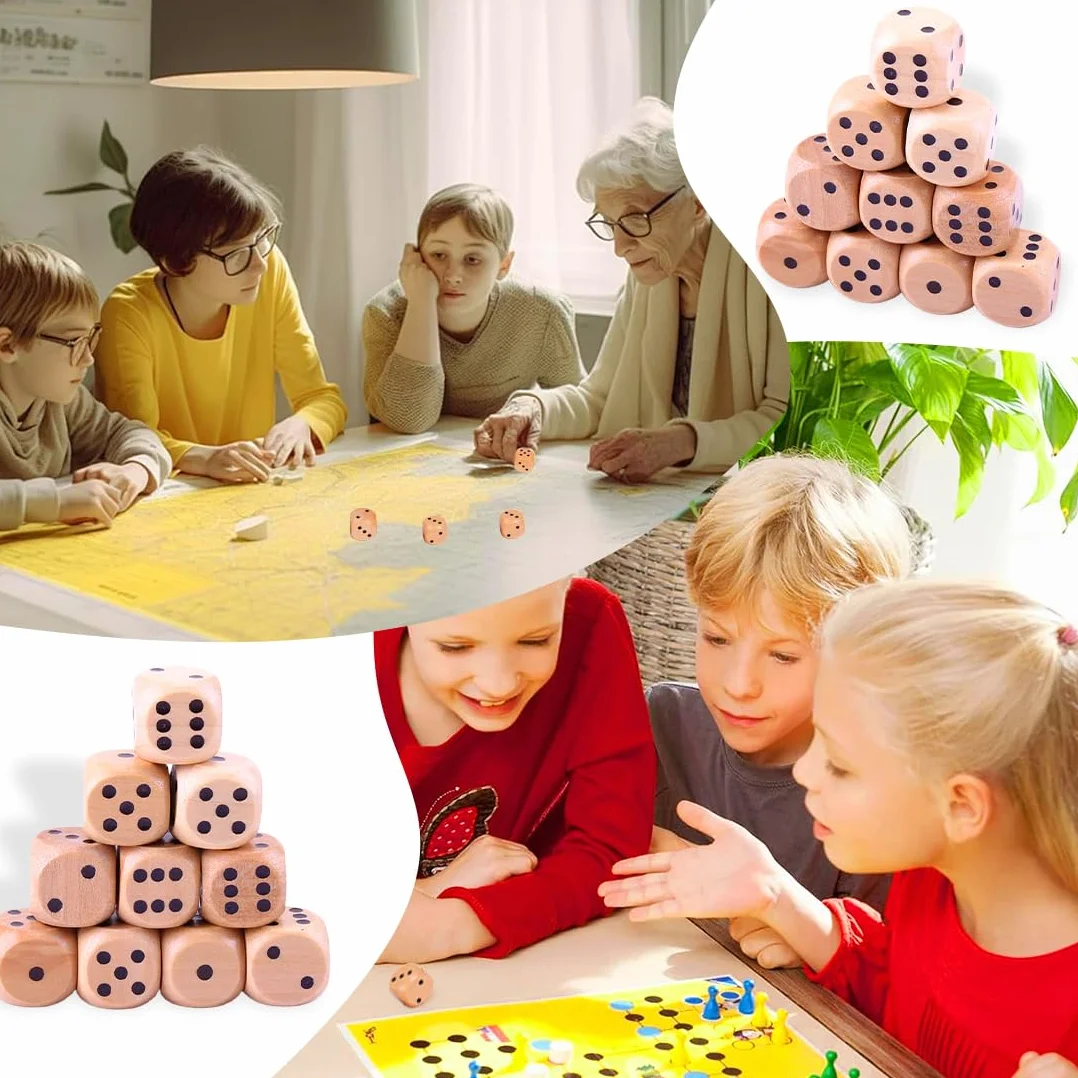 30 Pezzi Dadi in Legno Naturale, 6 Lati, Accessori per Giochi da Tavolo e di Carte