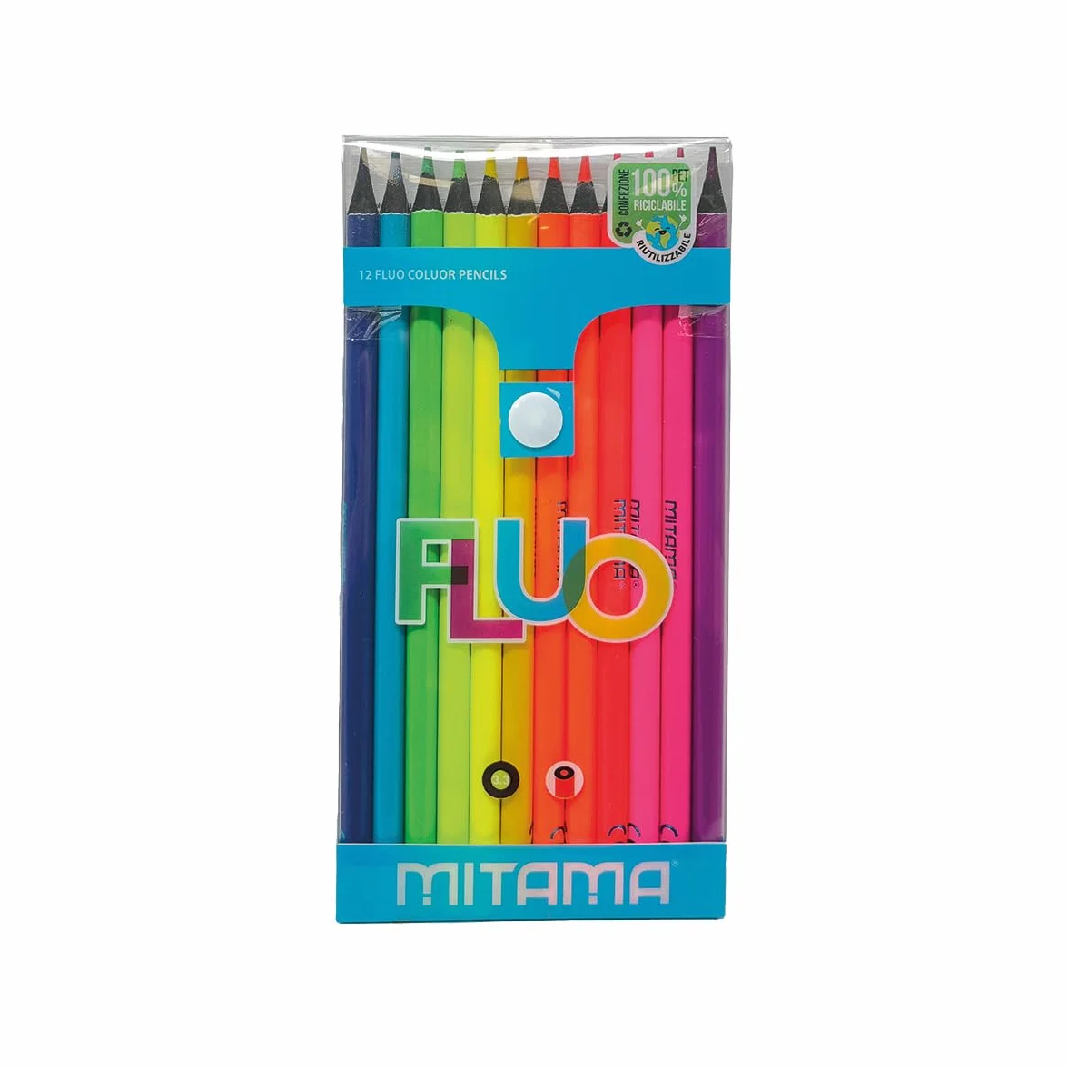 MITAMA - Pastelli Fluo - Confezione da 12 - Pastelli laccati Fluo - Mina con Tratto Grande 3,3 mm - Ideali per disegnare, evidenziare - Colori Scuola - Astuccio Scuola