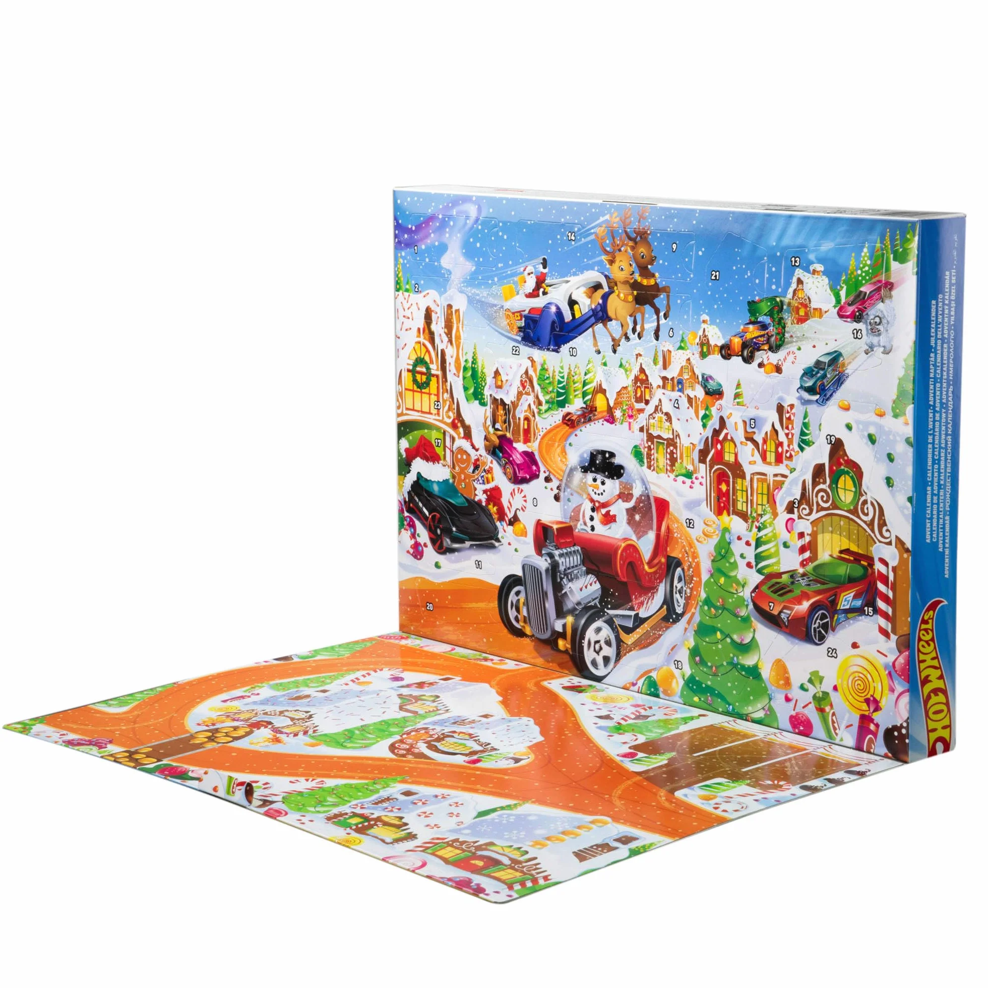 Hot Wheels - Calendario dell'Avvento 2025, 24 finestrelle numerate con sorprese a tema Natale, 10 macchinine, 10 clip e 14 accessori inclusi, giocattolo per bambini, 3+ anni, JCB47