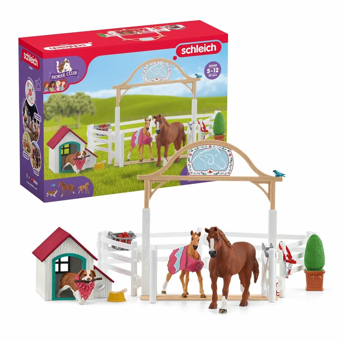 Schleich HORSE CLUB | I cavalli ospiti di Hannah con cagnolina Ruby 42458 | Set da gioco dai 6 anni | set con personaggi, numerose funzioni e tanti accessori | giocattolo cavallo realistico | 33 pezzi