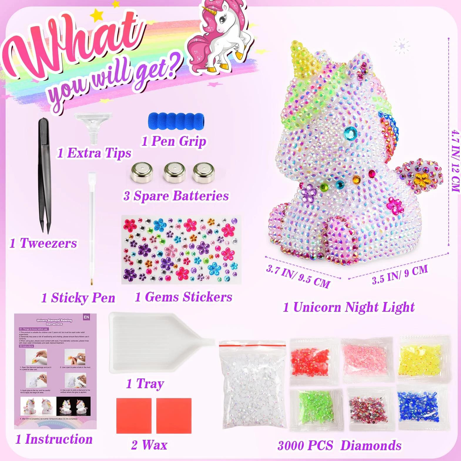 HappyGoLucky Set di luci a forma di unicorno, fai da te per ragazze, regalo per bambine dai 3 ai 10 anni, 4D Diamond Painting LED