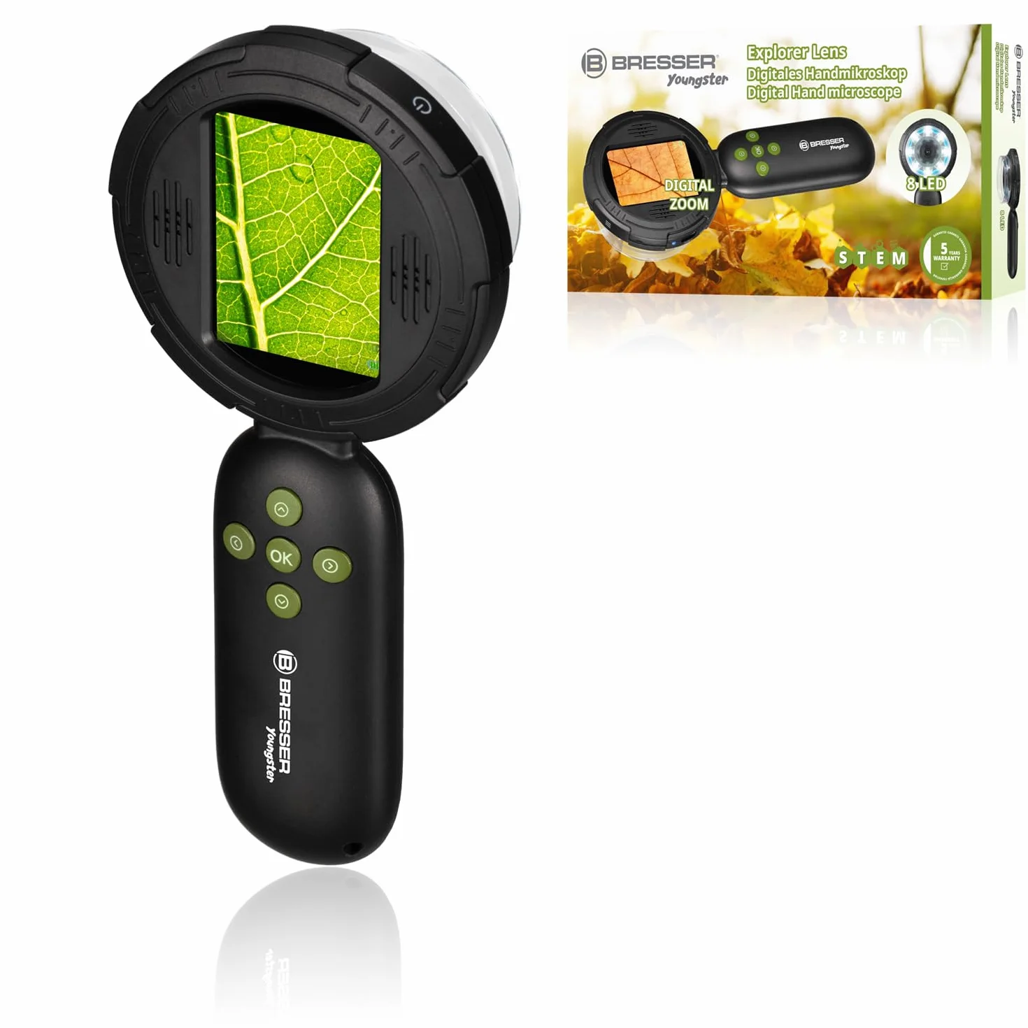 Bresser Microscopio digitale manuale per bambini e genitori, 10 x ottici, fino a 40 x digitali, 8 LED dimmerabili, funzione fotografica e webcam, giocattolo educativo
