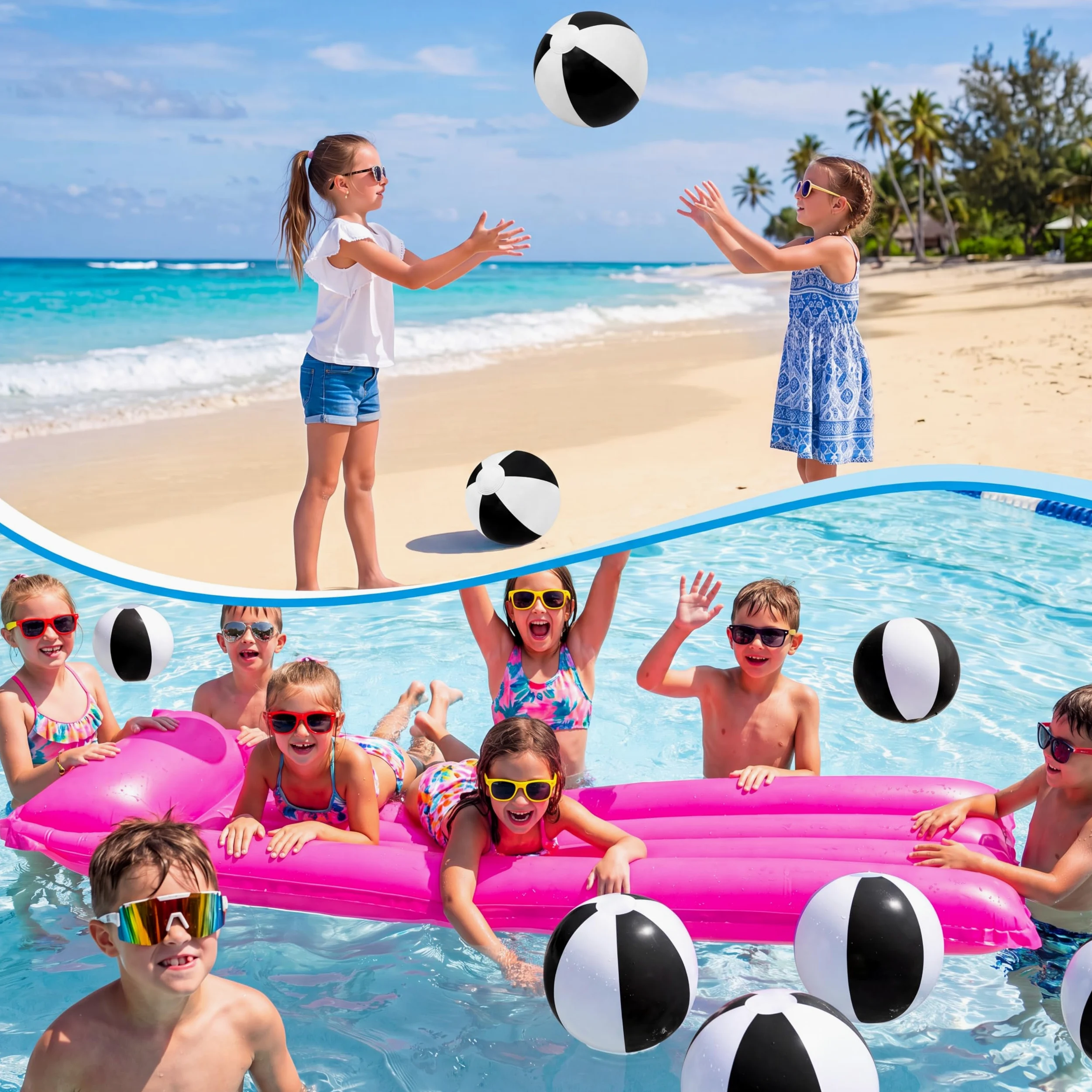 Zhanmai 40 palline da spiaggia gonfiabili, 25,4 cm, per piscina e spiaggia, per adolescenti e adulti, giocattoli per piscina, decorazioni estive hawaiane a tema tropicale, bomboniere (nero e bianco)