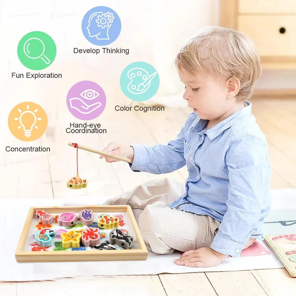Vicloon Giochi di Pesca Magnetici in Legno 3 in 1 per Bambini Montessori Educativo Regalo 3-5 Anni