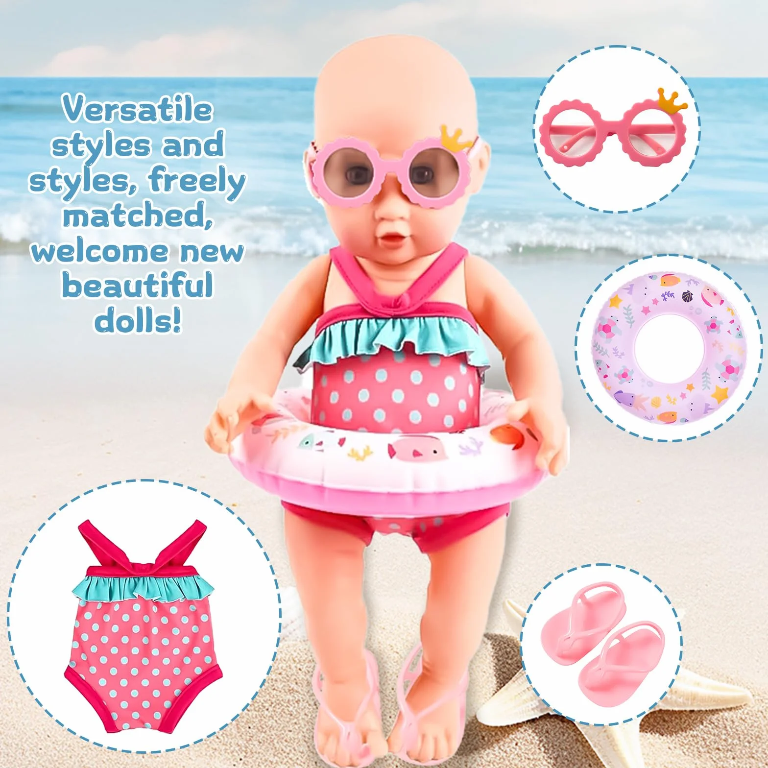 Set di Nuoto per Bambole 7 Pezzi,Estate Costume da Bagno per Bambole,Costume da Bagno per Bambole,Vestiti Bambole Reborn,Accessori per Bambole Reborn 35-45CM,Regalo per Ragazze