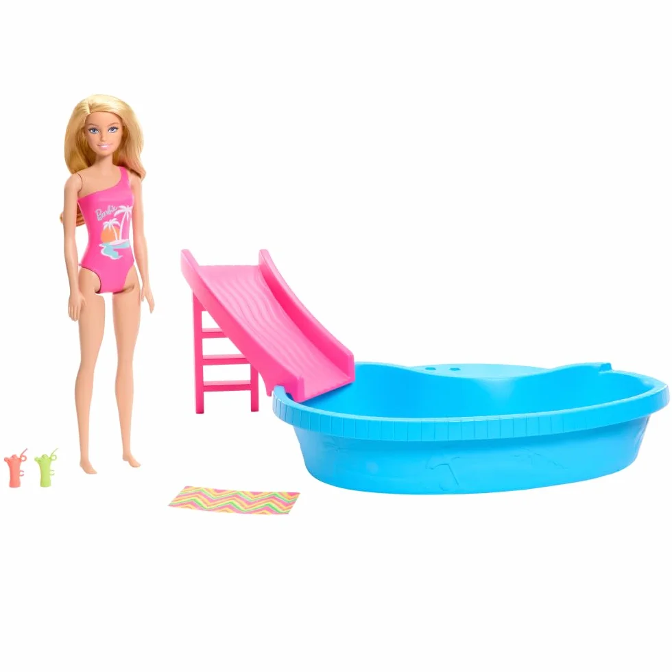 Barbie - Playset Piscina, con bambola bionda in costume rosa intero con stampa tropicale, include piscina, scivolo, telo e bevande, giocattolo per bambini, 3+ anni, HRJ74
