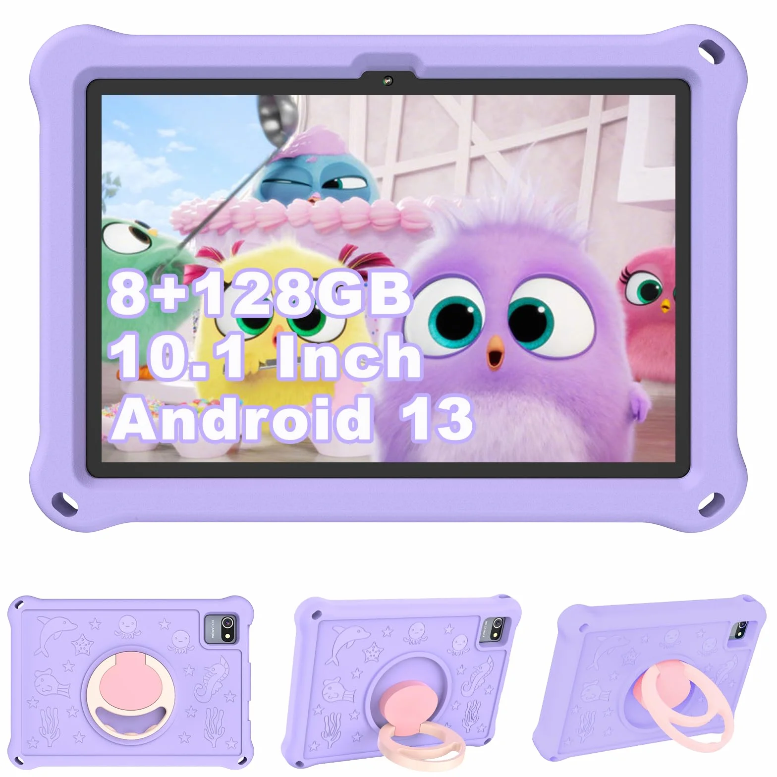 Tablet Bambini 10.1 Pollici, Android 13 Educativo per Bambini 8GB RAM 128GB Rom,Controllo Parentale,6000mAh,WiFi FHD 1280x800 per Tablet PC 3 a 6 Anni con Custodia,Viola