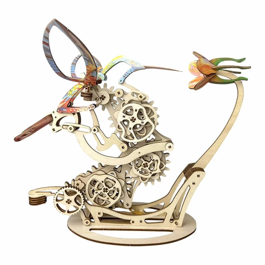 WANENGEDIY Kit di modellini 3D fai da te in legno colorato colibrì con trasmissione meccanica in legno, modello di animali, costruzione meccanica, kit artigianale per adulti e ragazzi, regali creativi