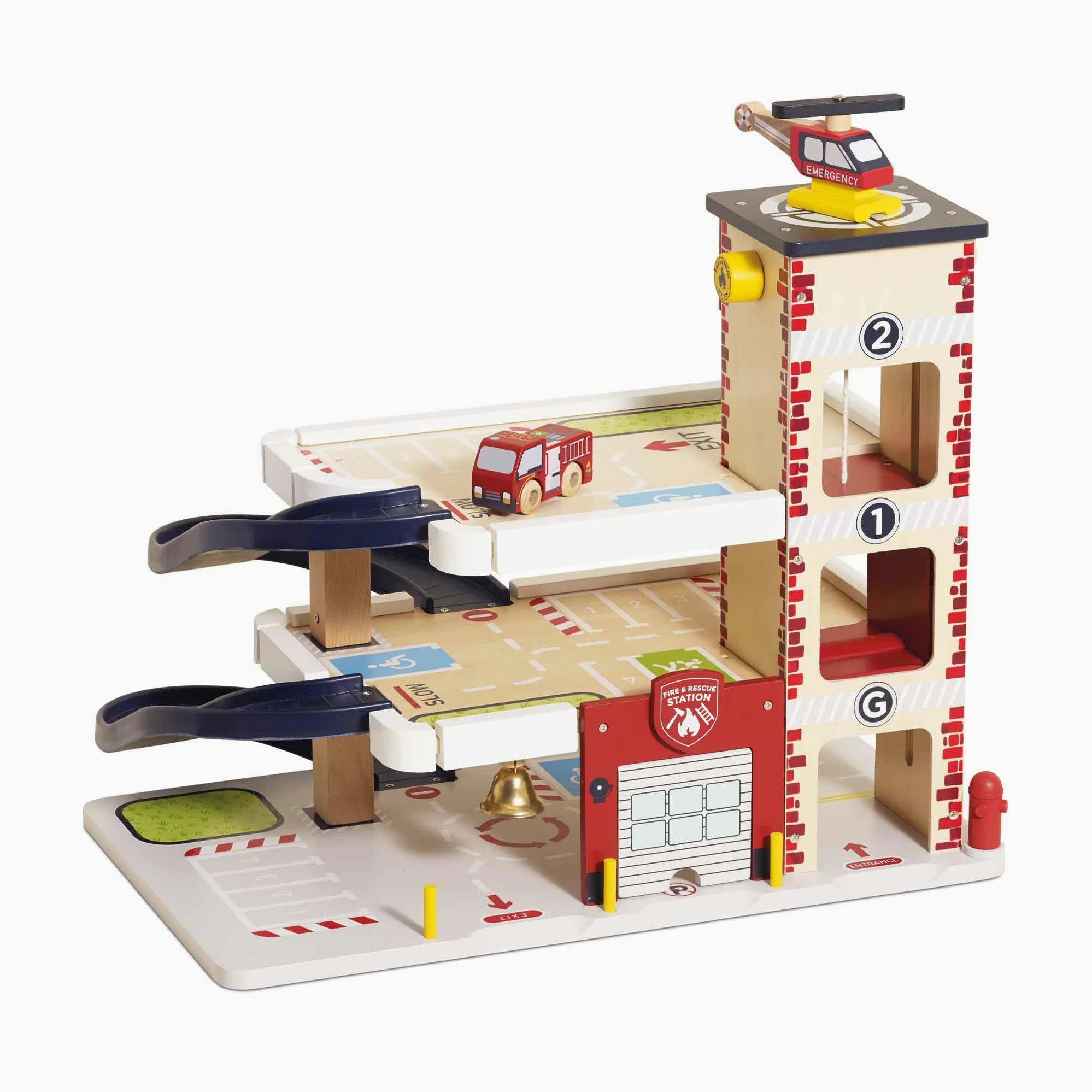 Le Toy Van - TV453 - Stazione vigili del fuoco giocattolo per bambini, 3 anni, in legno certificato FSC, include 1 camion dei pompieri, 1 elicottero, garage apribile, ascensore, campana d'emergenza
