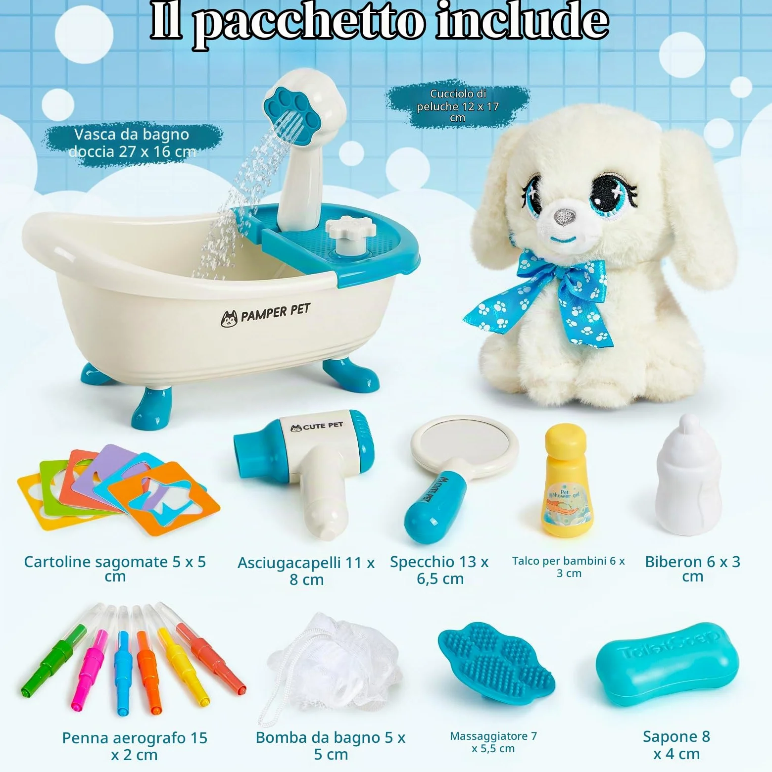 Toylink Cane Giocattolo Bambina, Peluche Cane con Vasca da Bagno a Spruzzo e Penne Lavabili, Regali Compleanno Bambina, Giocattoli Creativi per Bambini 4 5 6 7 8 Anni per Natale