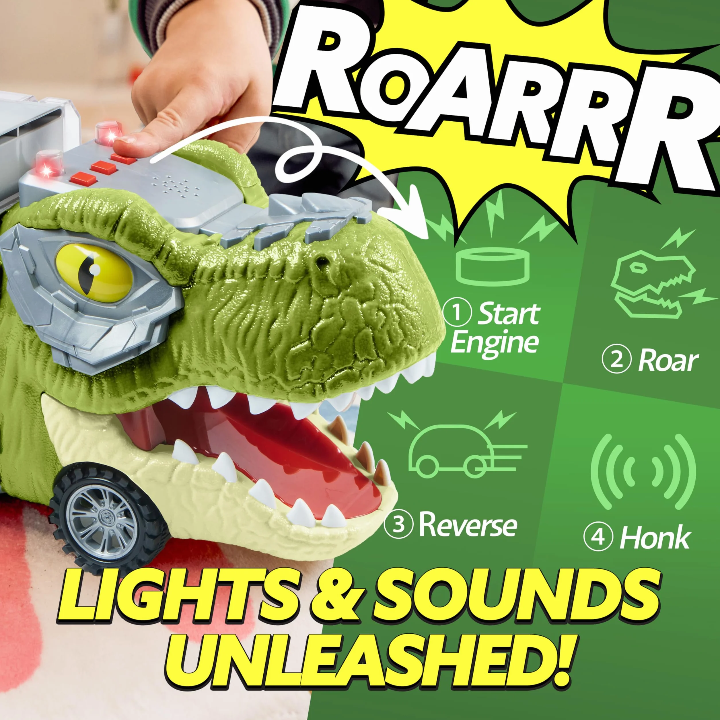 JOYIN 13 Pcs Dinosaur Toy Car Transporter for Kids, con 12 veicoli dinosauro retrattili, 1 camion trasporto dinosauri giocattolo con musica, suoni, luci, 1 elicottero