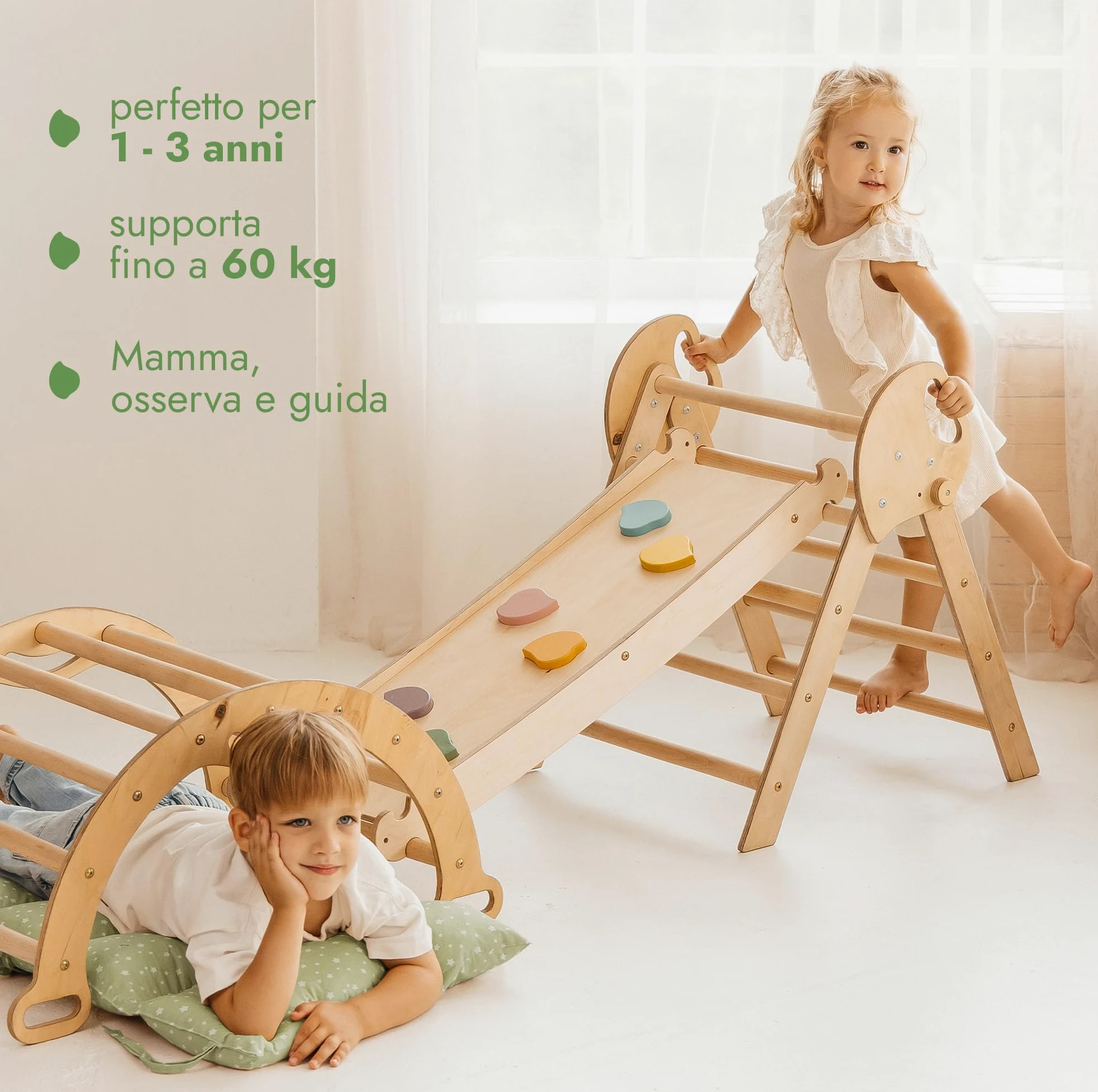 Goodevas Montessori 5 in 1 - Set da Arrampicata in Legno per Interni, con Cuscino Verde e Scivolo per Bambini, Parco Giochi da 1 a 3 Anni, Beige