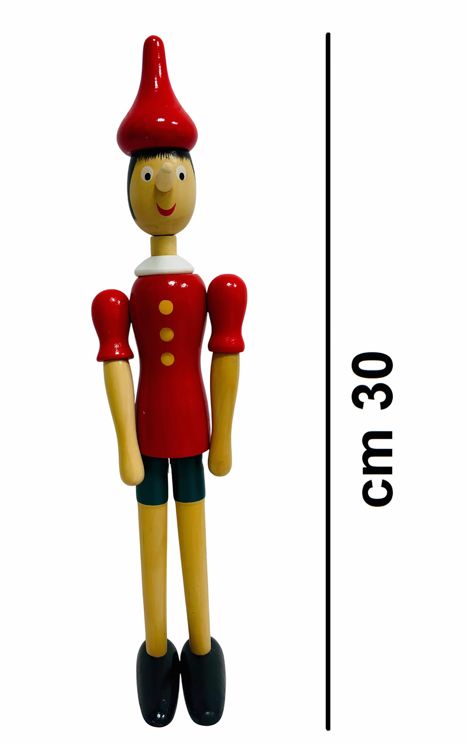 Pinocchio in Legno Massello 30 cm Snodabile Marionetta Articolata Burattino Fiabe Dipinto Altezza 30 cm