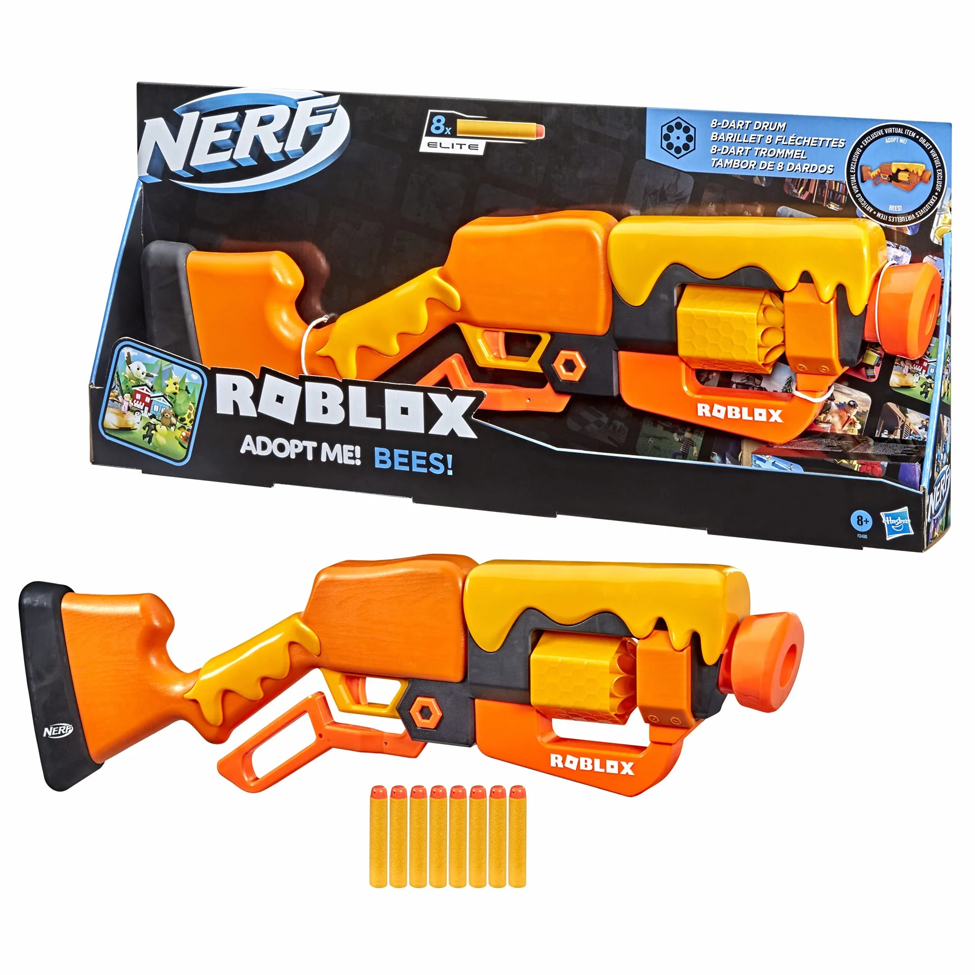 Hasbro Nerf Roblox - Adopt Me!: BEES!, blaster lancia-dardi con azione a leva, tamburo rotante con 8 dardi, 8 dardi Nerf Elite, contiene codice per sbloccare un articolo virtuale in-game