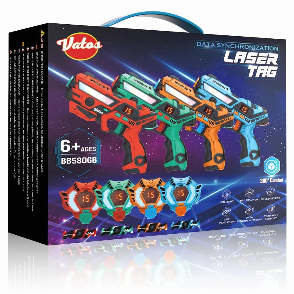 VATOS Laser Tag 360°Sensori Set di 4 Giocatori, 2,4 GHz Ricaricabile a infrarossi con Display Dati in Tempo Reale Pistola Laser Tag, Pistole Giocattolo per Giochi di attività per Bambini dai 6+