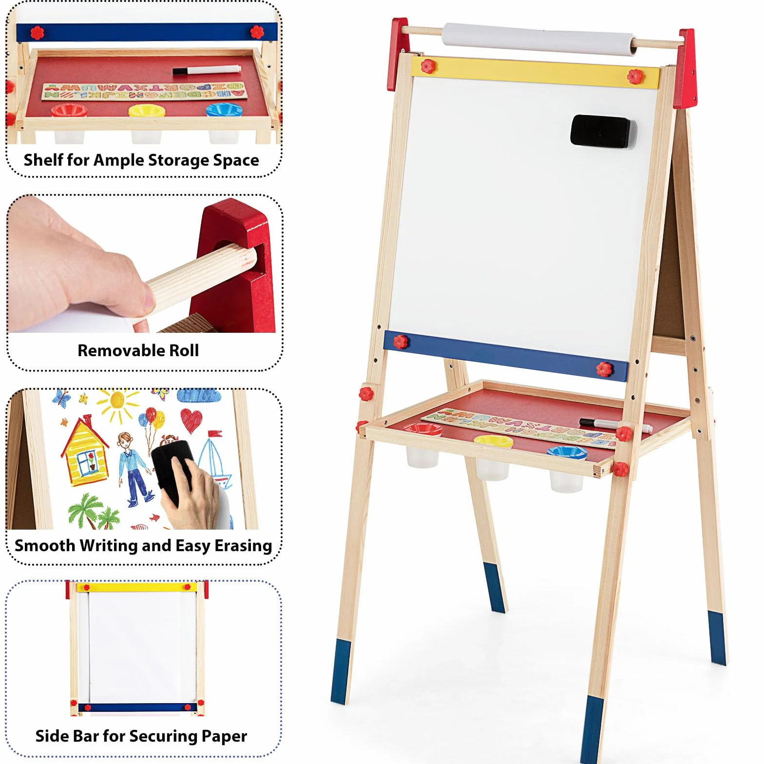 HOMASIS 3 in 1 Lavagna per Bambini con Rotolo di Carta, Cavalletto Pittura Bambini con Lavagna Doppia Faccia, Altezza e Ripiano Regolabile, Struttura in Legno di Pino, 60 x 55 x 112,5-124,5 cm