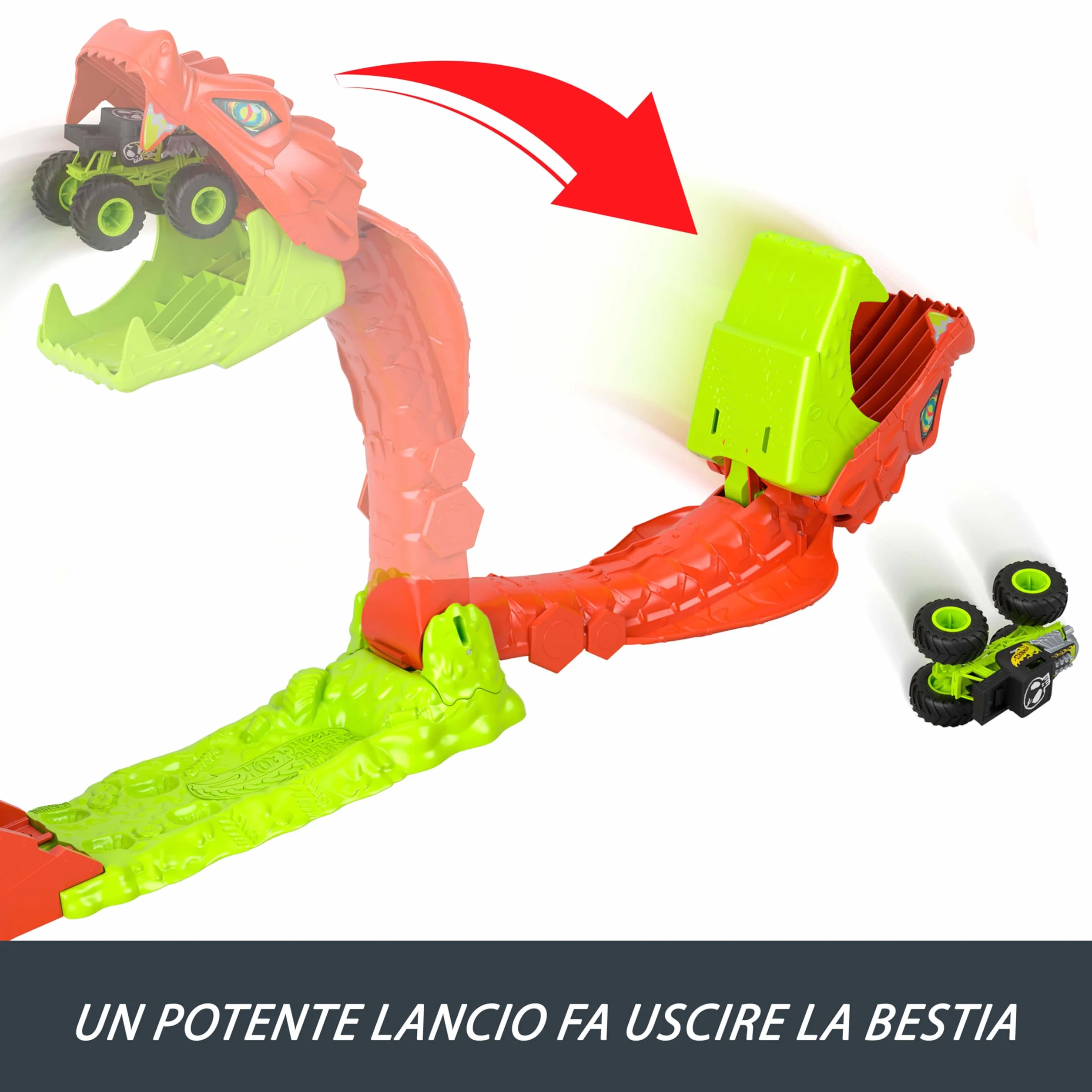 Hot Wheels Monster Trucks - Attacco del Serpente, set pista con lanciatore e veicolo Bone Shaker in scala 1:64 incluso, sconfiggi il gigantesco seprente nemico, 4+ anni, JJN44