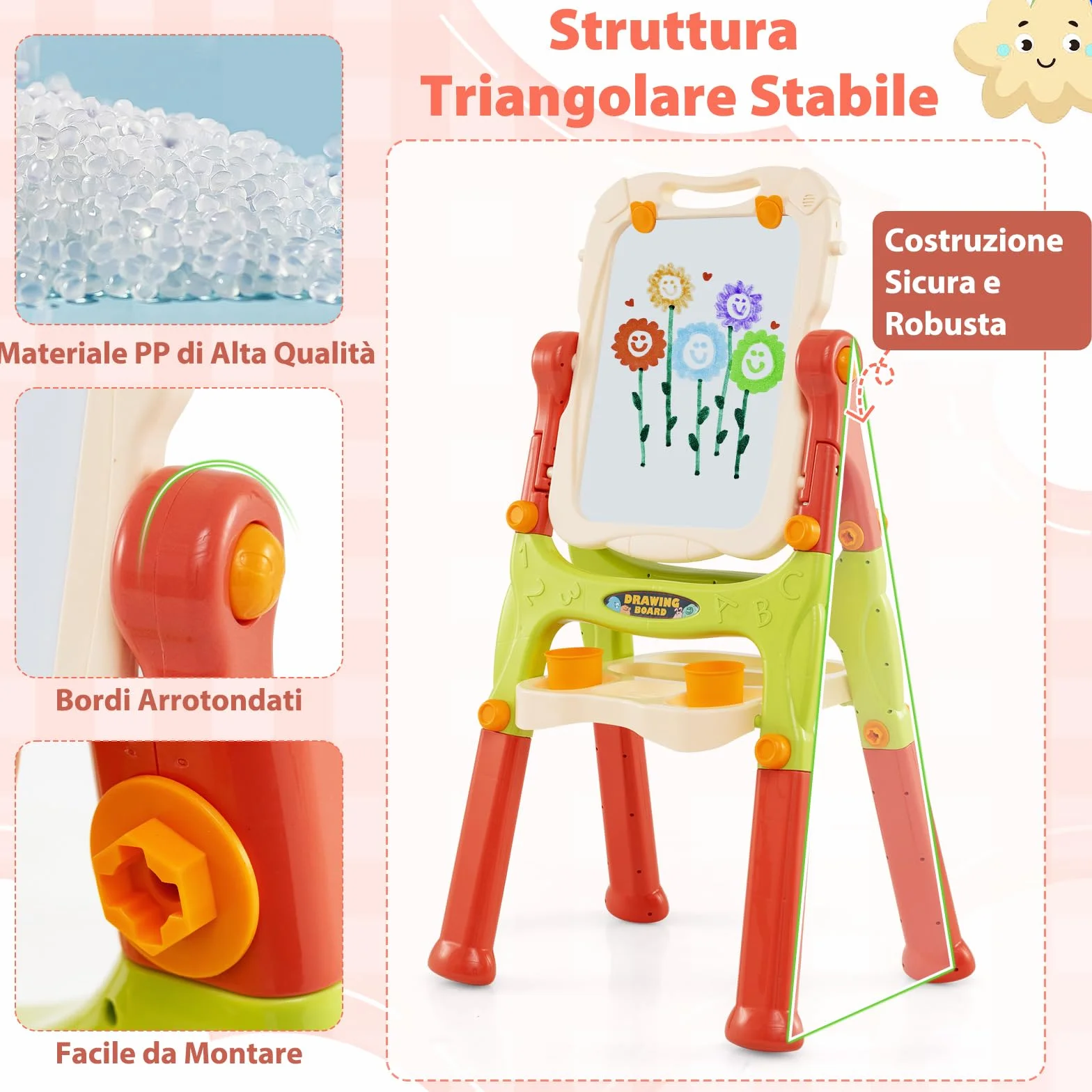 GYMAX Lavagna Magnetica per Bambini, Cavalletto da Disegno Doppio Lato con Lavagna, Tavolo da Disegno Portatile con Maniglia, Altezza Regolabile per Bambini 3+ Anni (Rosso)