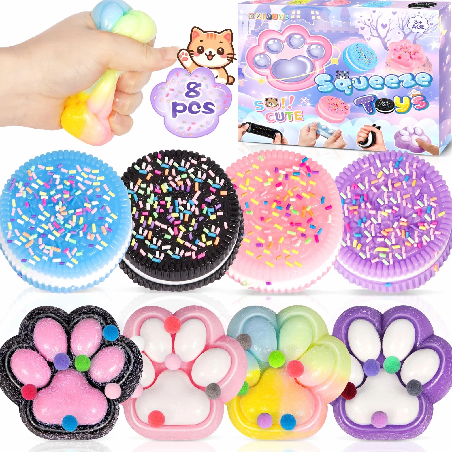 4 pezzi giocattolo per stringere zampa di gatto, 4 pezzi Squishy Oreo, Taba Squishy Kit, Squeeze Toys, Kawaii Squishys Giocattoli, Giocattoli antistress per bambini e adulti, Natale